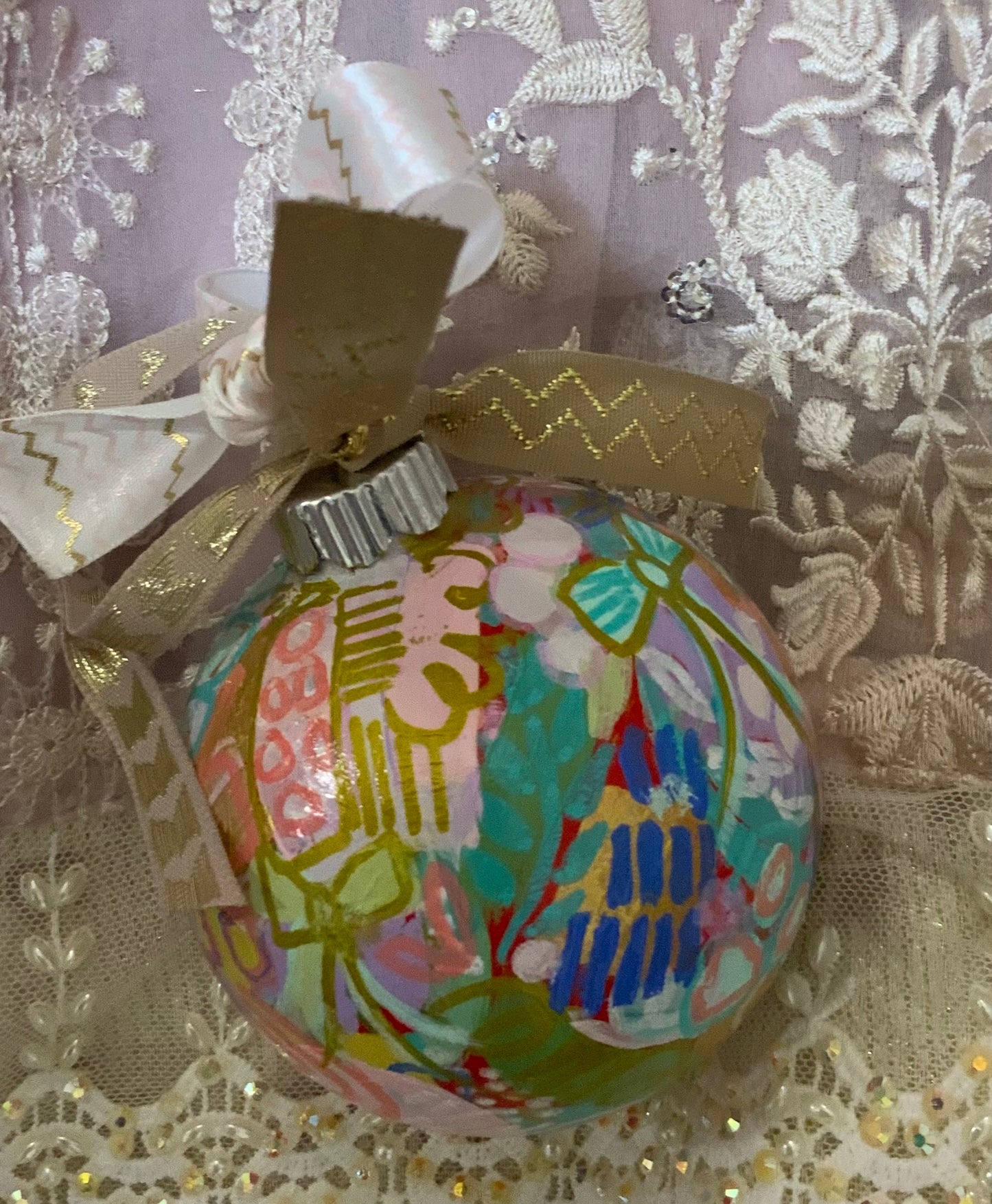 Christmas ornament- mint, coral, blue, copper, red, mauve, gold