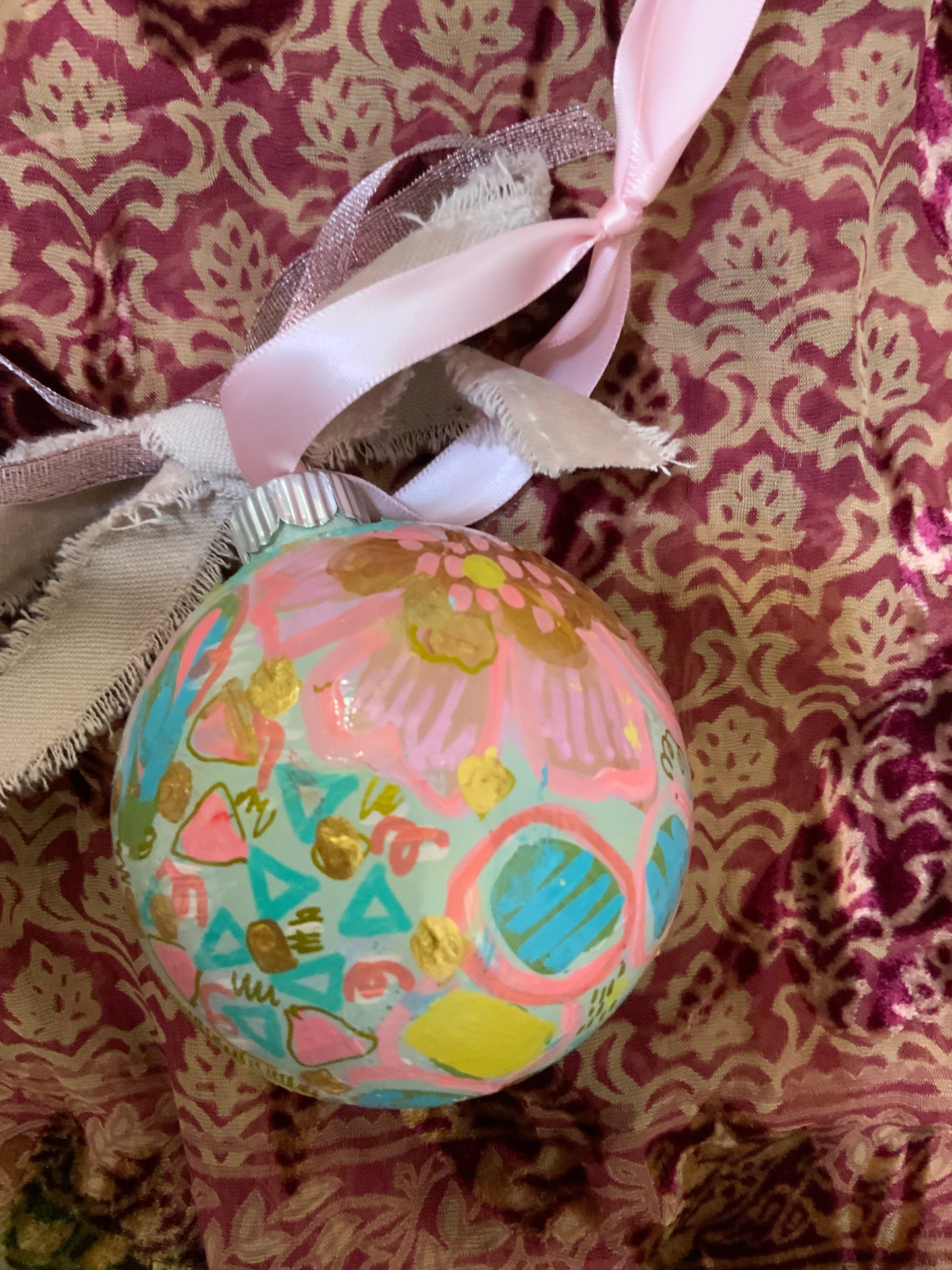 Christmas ornament- pink, peach, mint, turquoise, gold, green