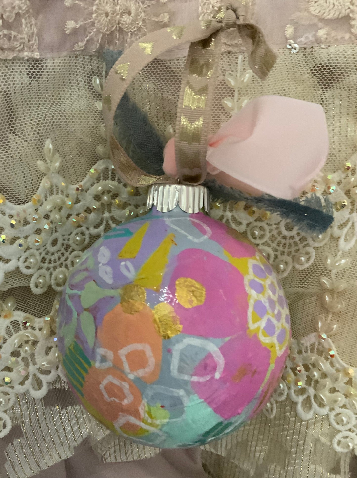 Christmas ornament- pink, mauve, white, gold, mint, peach