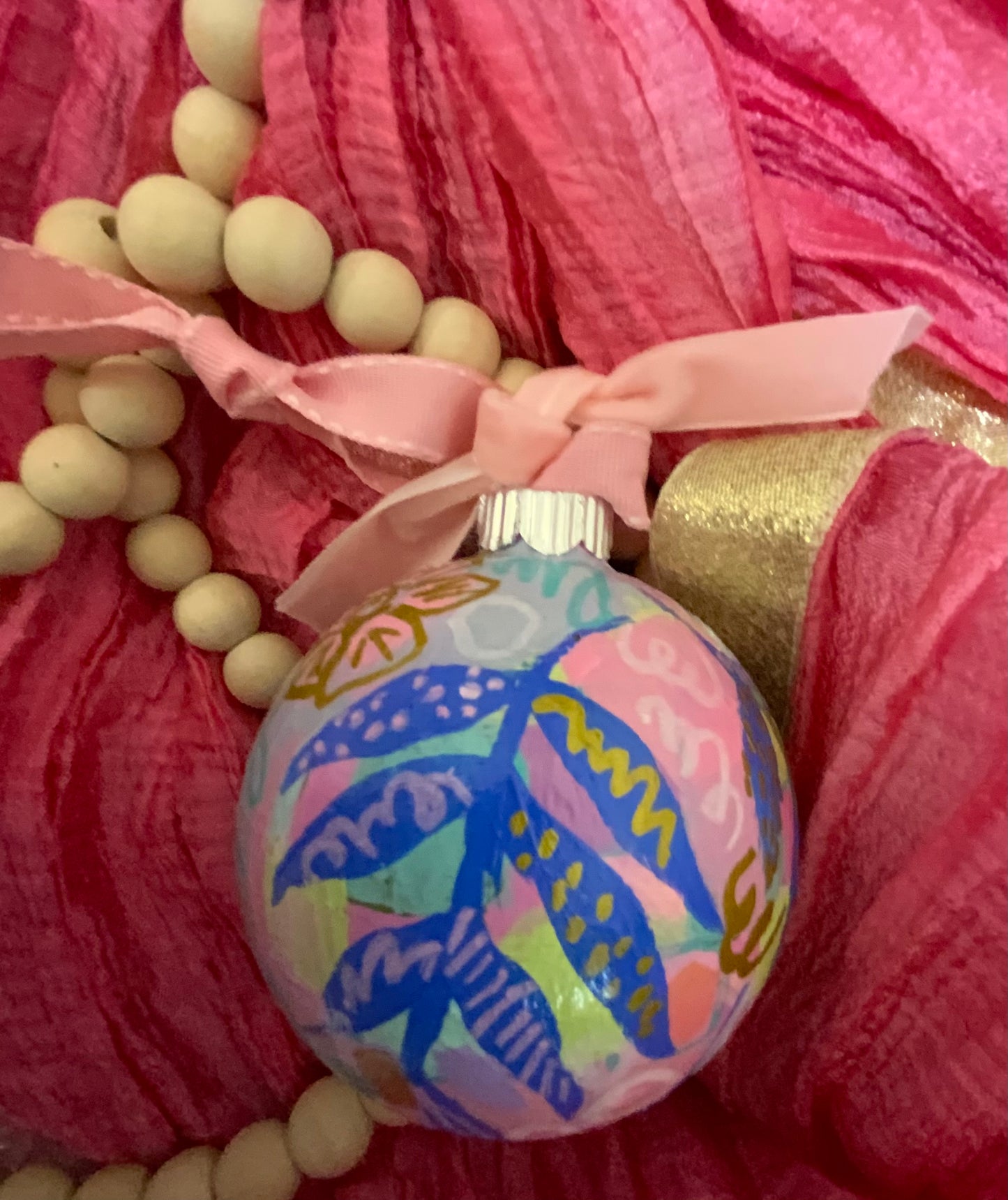 Christmas ornament - green, gray, royal blue, pink, gold