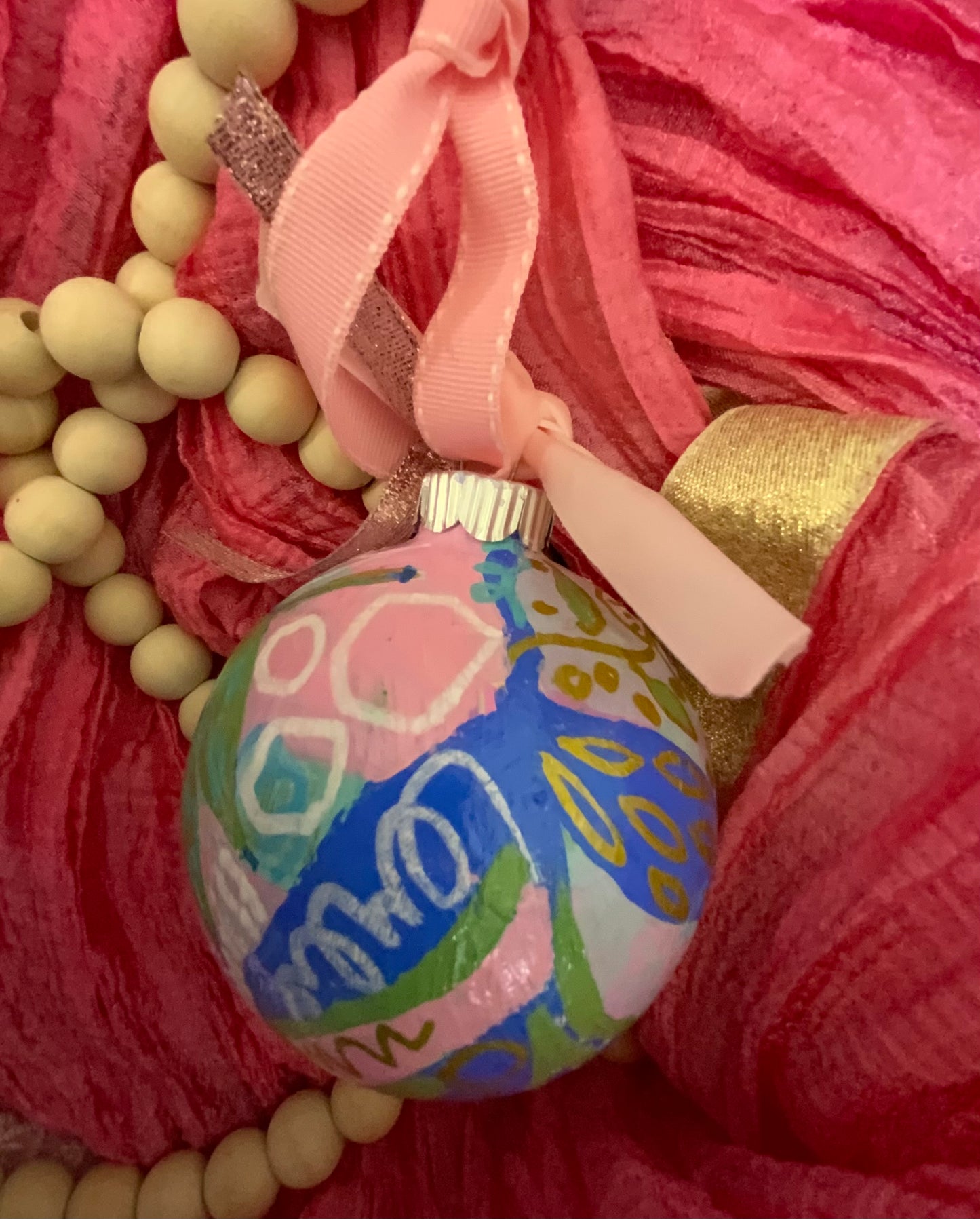 Christmas ornament - green, gray, royal blue, pink, gold