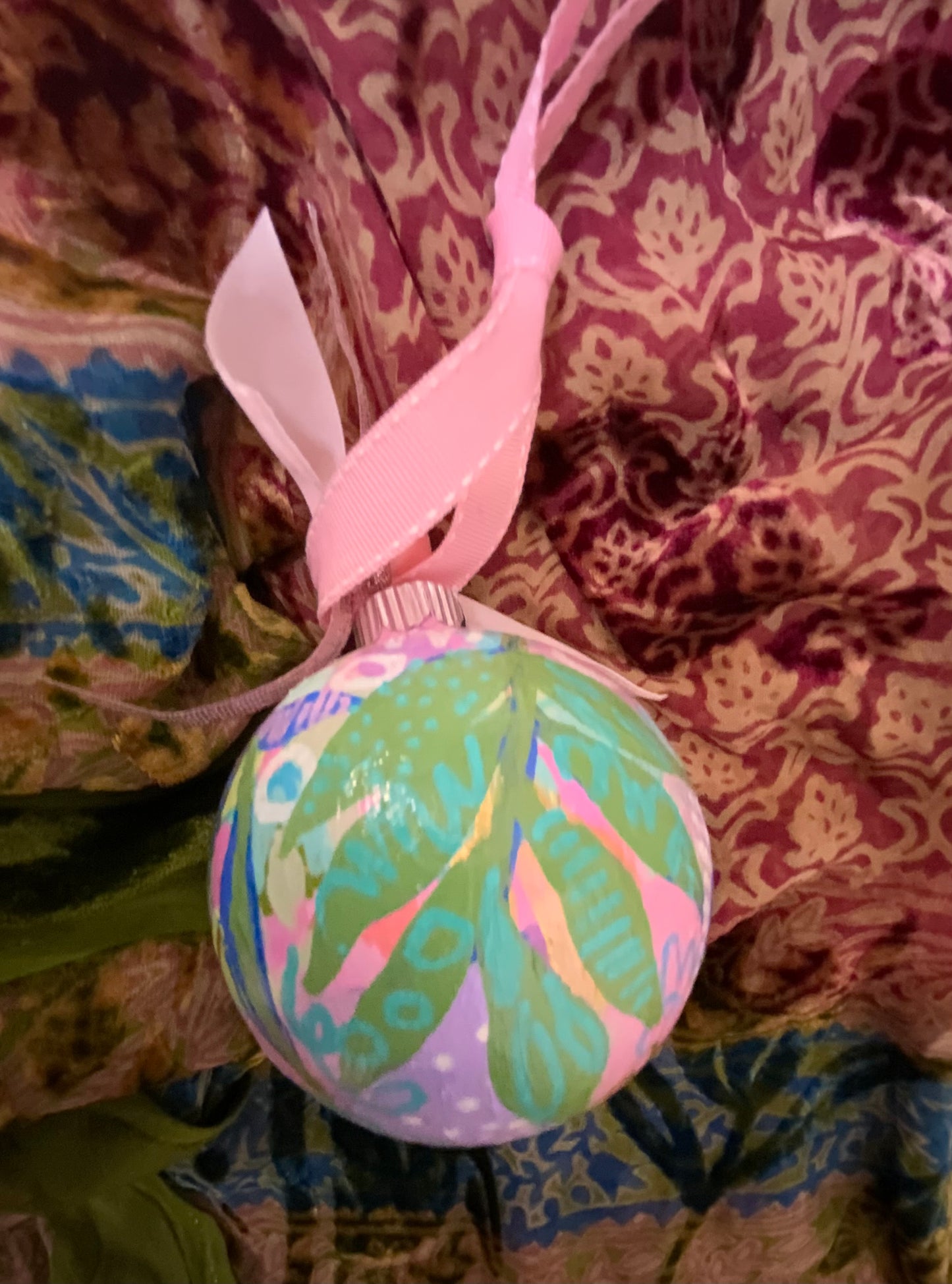Christmas ornament - green, gray, royal blue, pink, gold