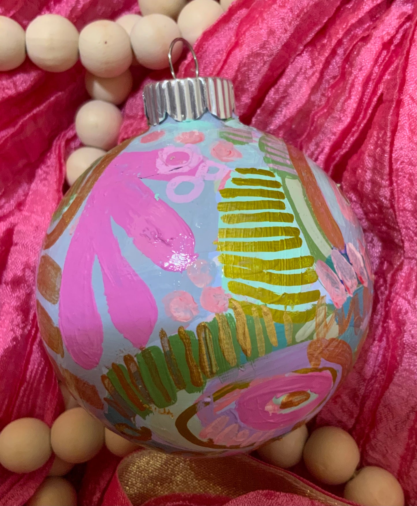 Christmas ornament- Teal, light pink, magenta, green, gold
