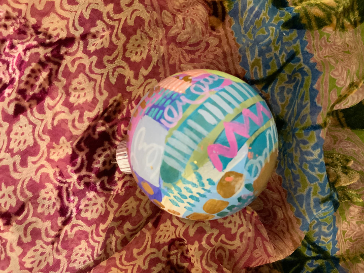 Christmas ornament- Teal, gray, magenta, orange, gold