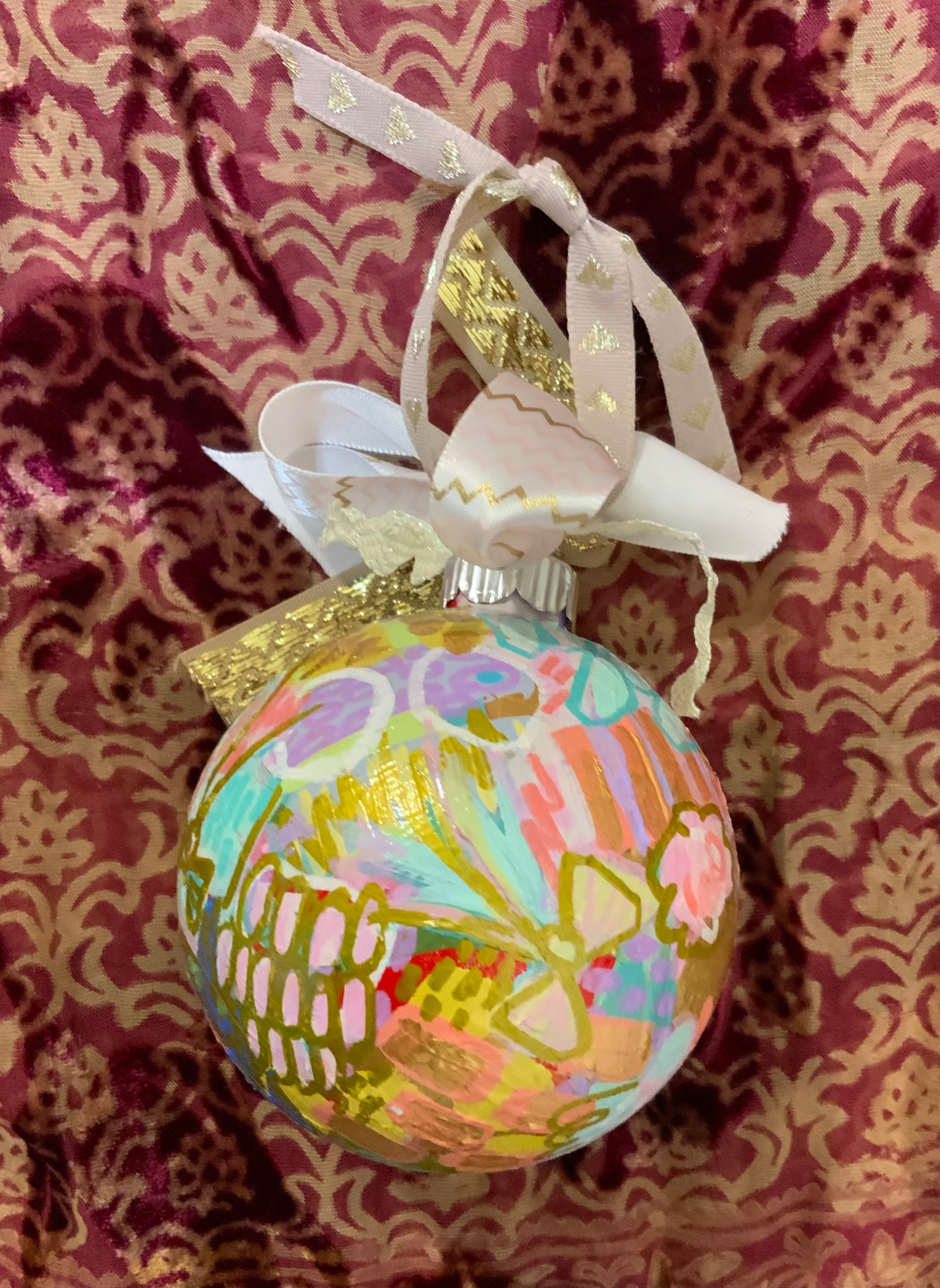 Christmas ornament- mint, coral, blue, copper, red, mauve, gold