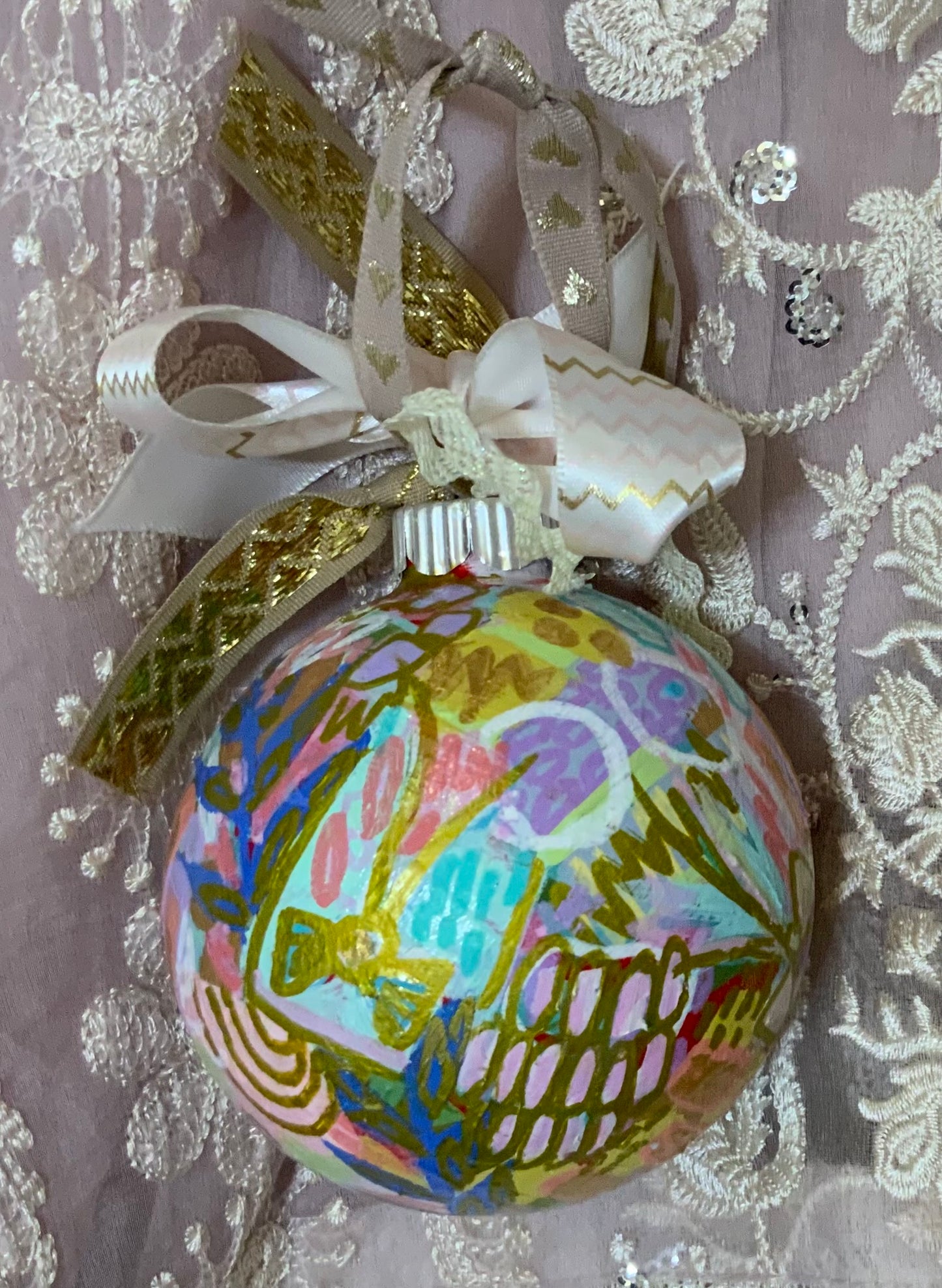 Christmas ornament- mint, coral, blue, copper, red, mauve, gold