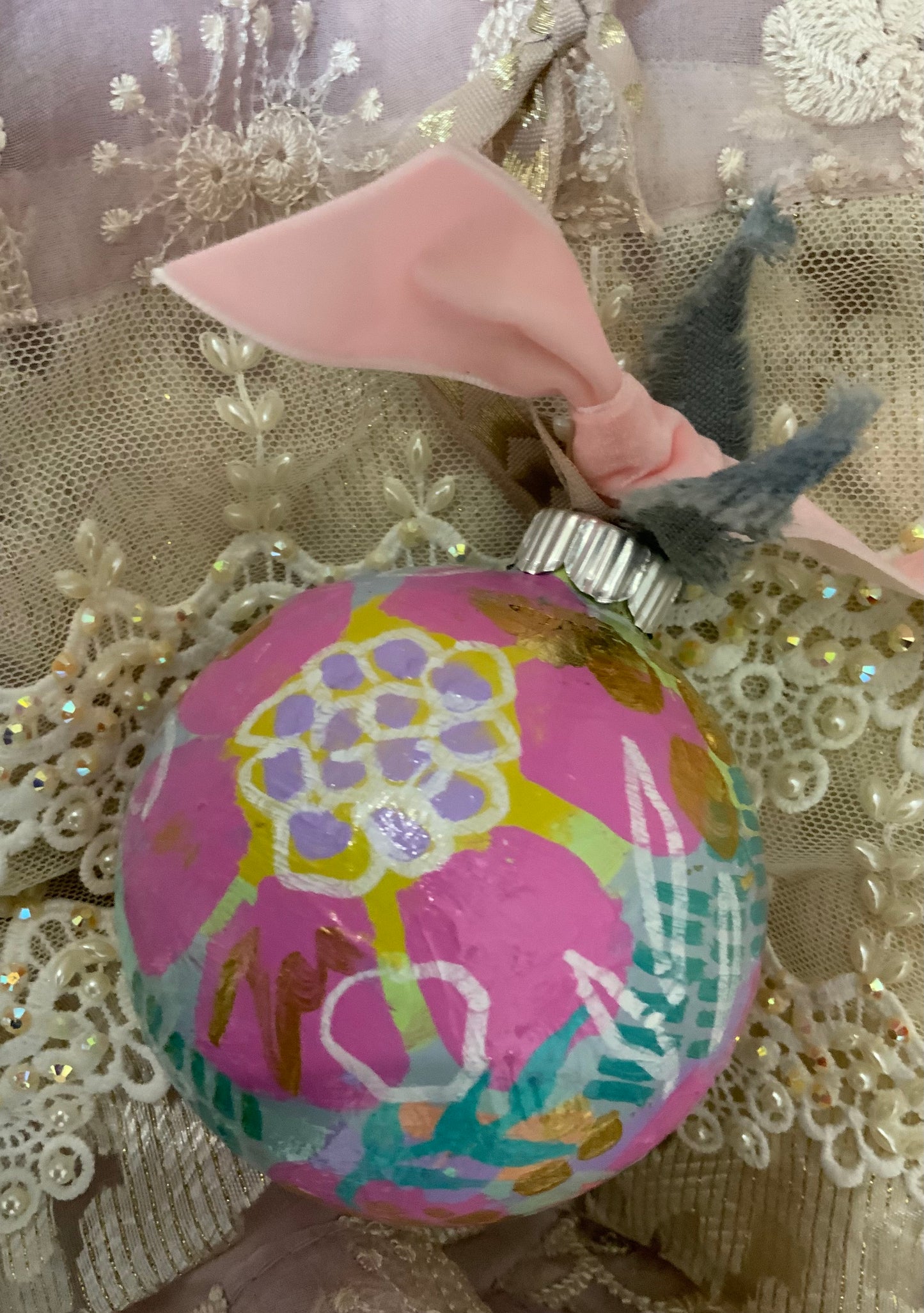 Christmas ornament- pink, mauve, white, gold, mint, peach