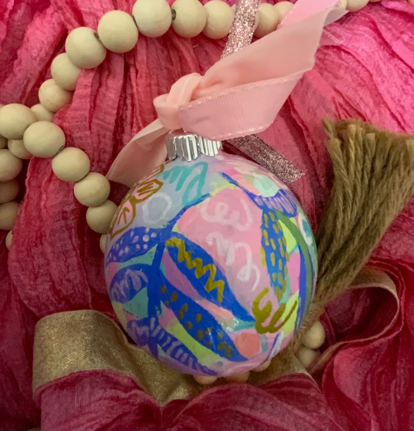 Christmas ornament - green, gray, royal blue, pink, gold