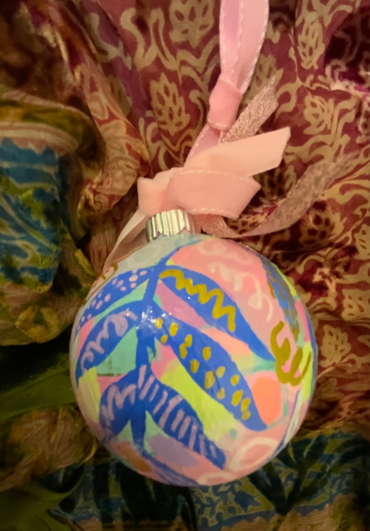 Christmas ornament - green, gray, royal blue, pink, gold