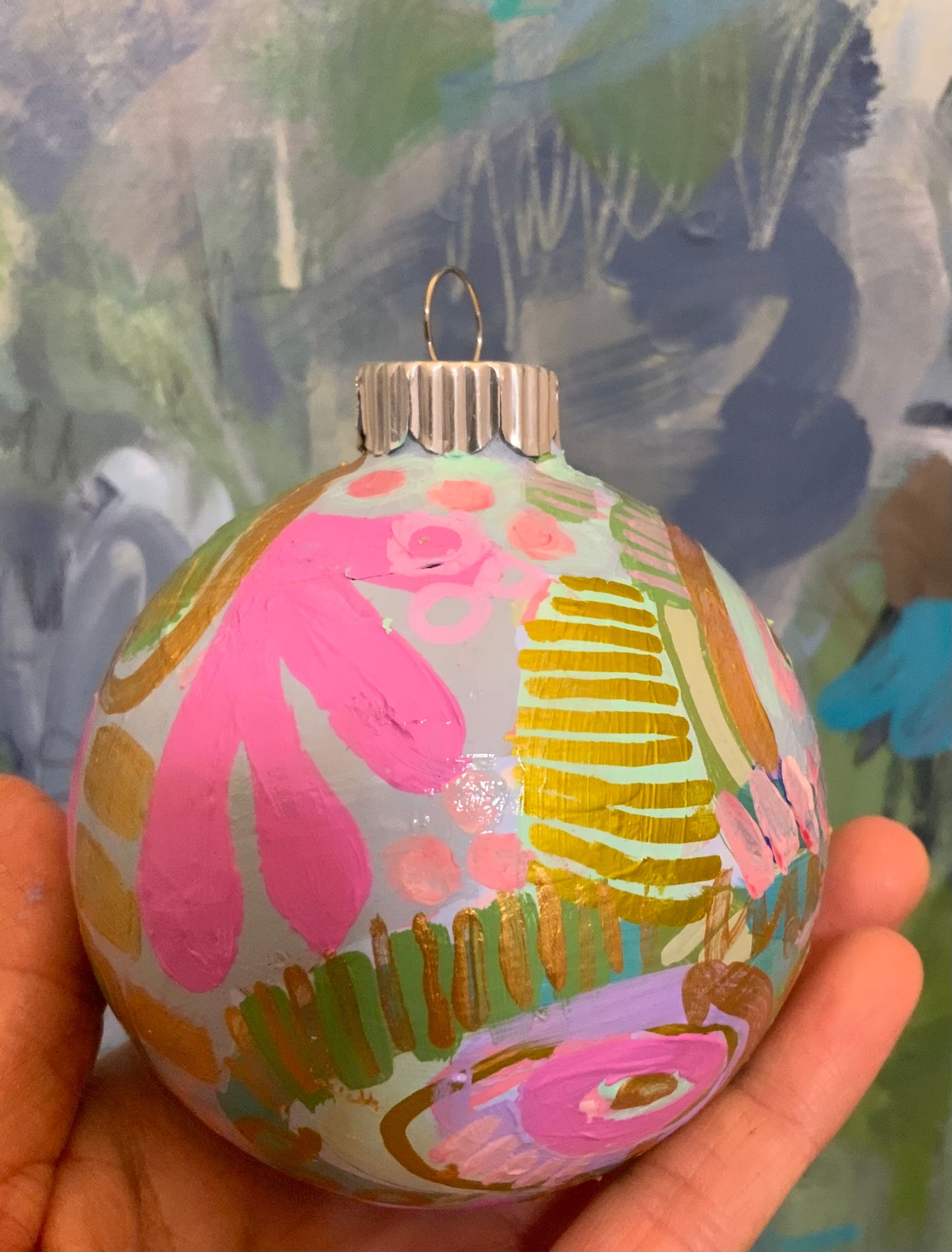 Christmas ornament- Teal, light pink, magenta, green, gold