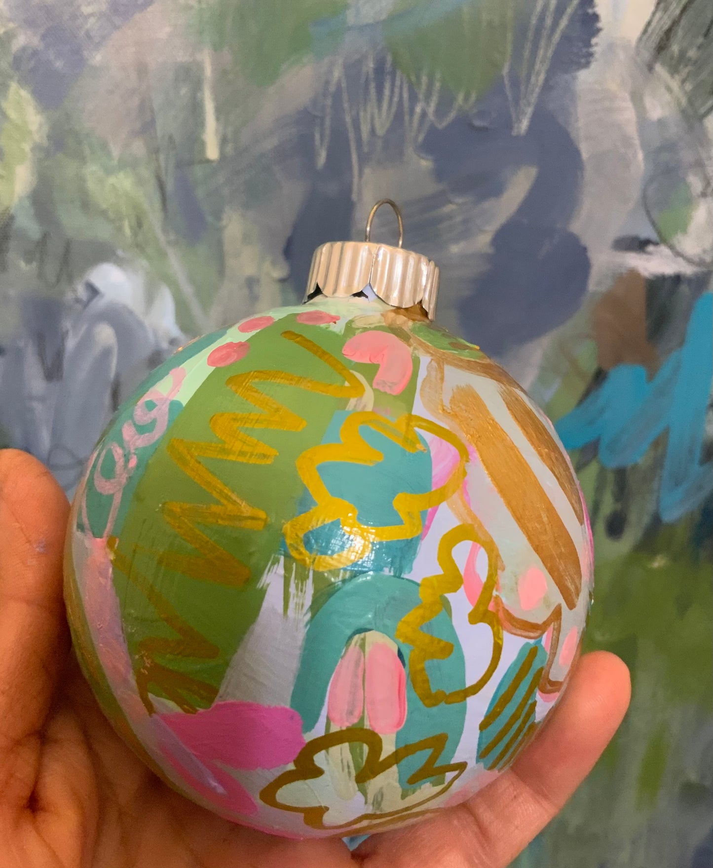 Christmas ornament- Teal, light pink, magenta, green, gold