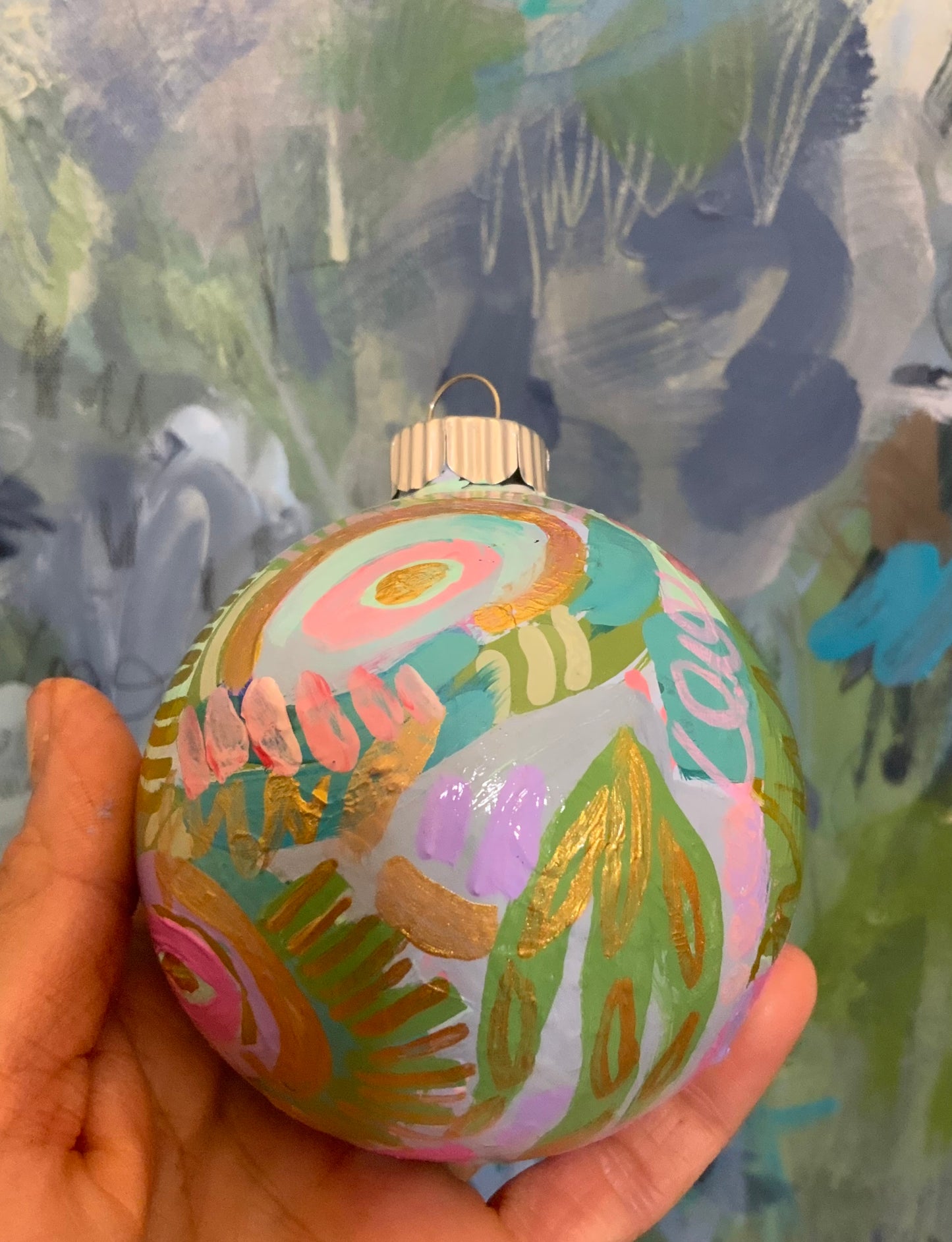 Christmas ornament- Teal, light pink, magenta, green, gold