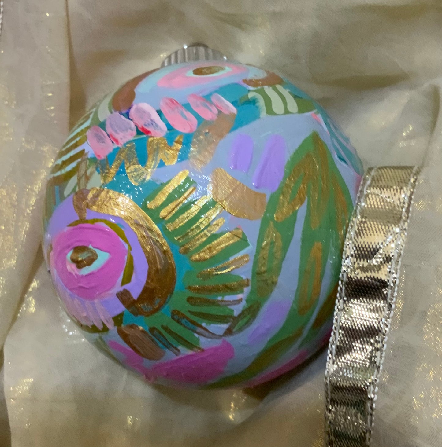 Christmas ornament- Teal, light pink, magenta, green, gold