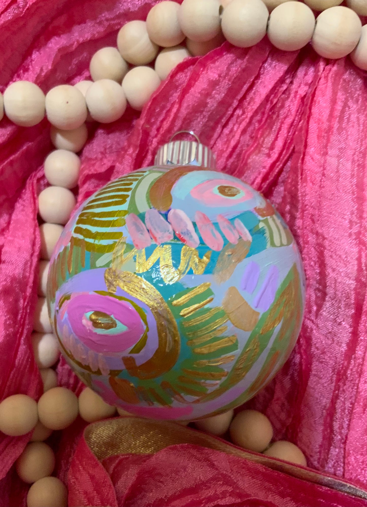 Christmas ornament- Teal, light pink, magenta, green, gold