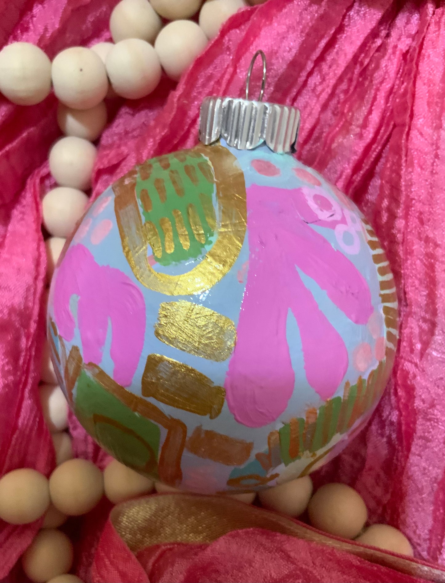 Christmas ornament- Teal, light pink, magenta, green, gold