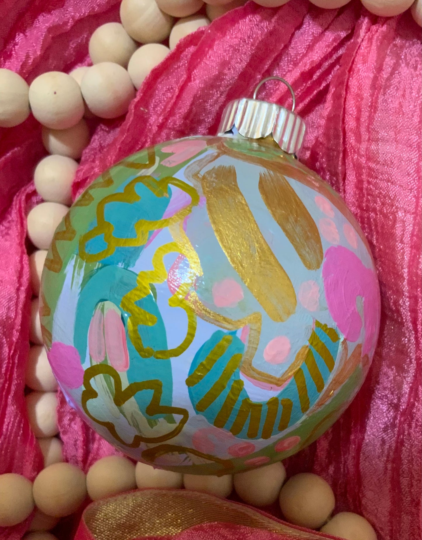 Christmas ornament- Teal, light pink, magenta, green, gold