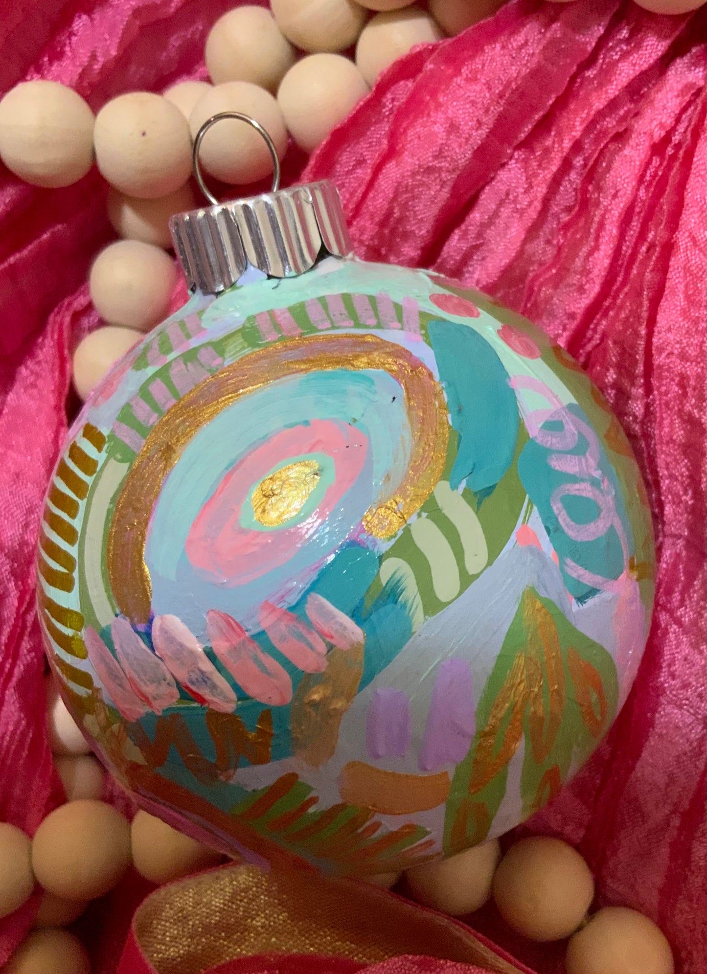 Christmas ornament- Teal, light pink, magenta, green, gold