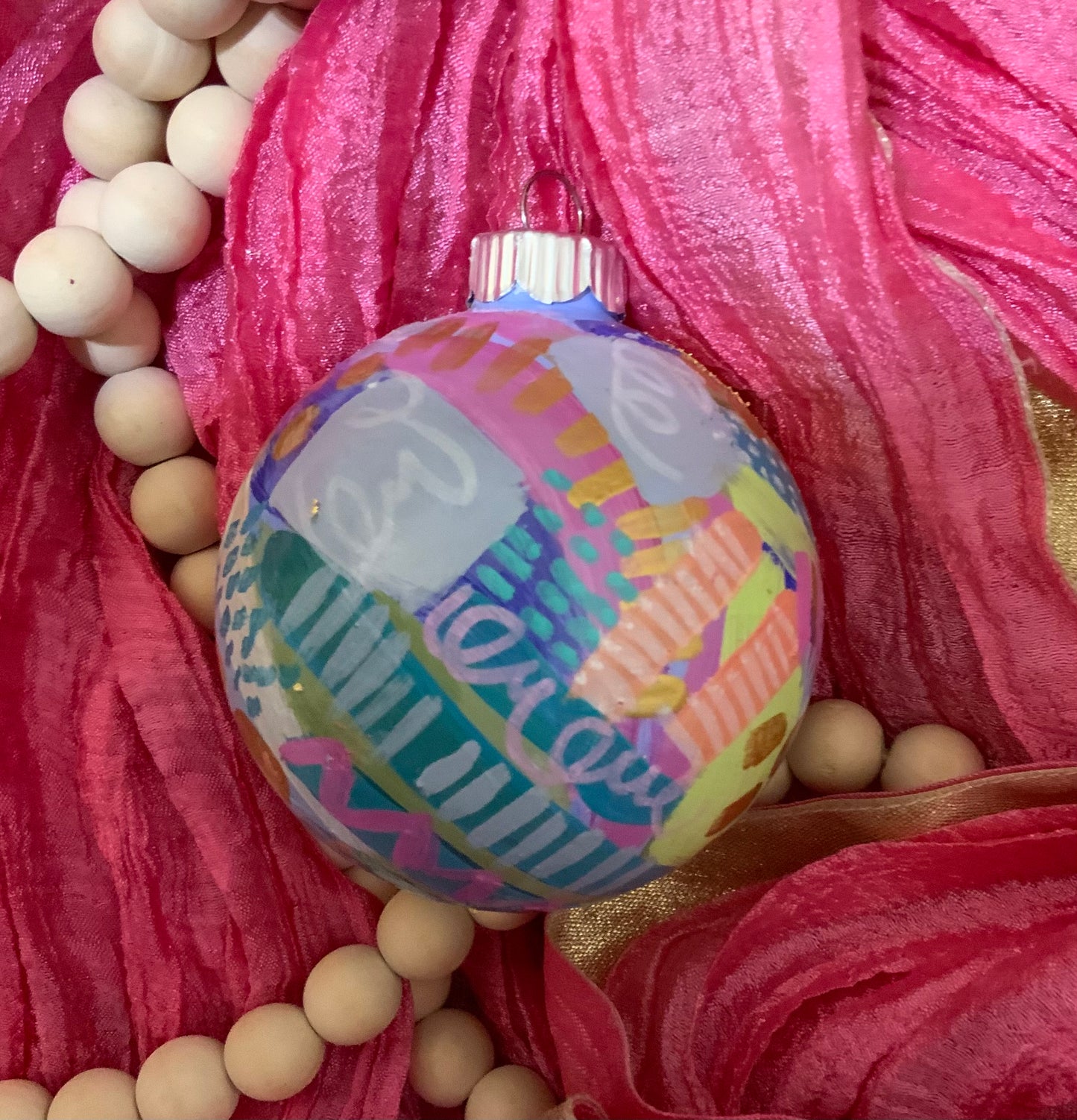 Christmas ornament- Teal, gray, magenta, orange, gold