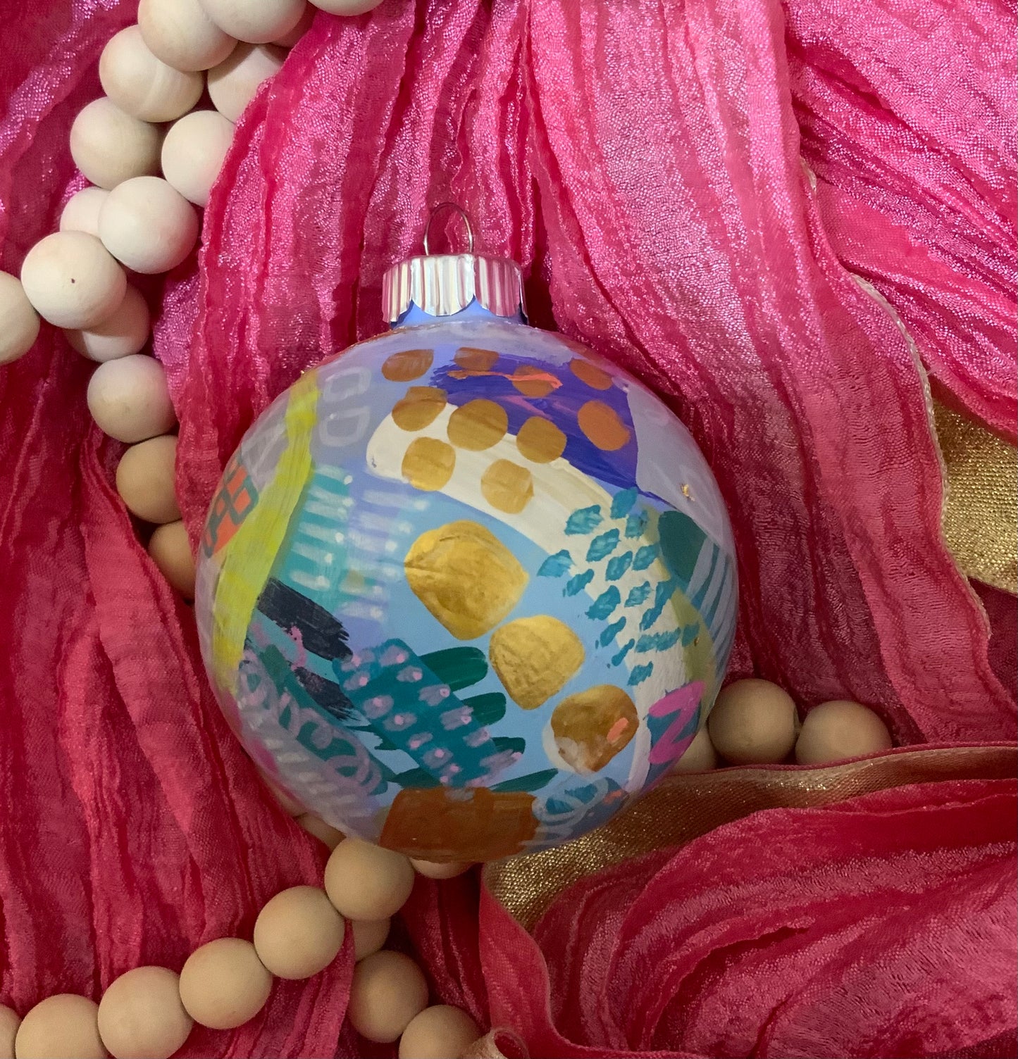 Christmas ornament- Teal, gray, magenta, orange, gold