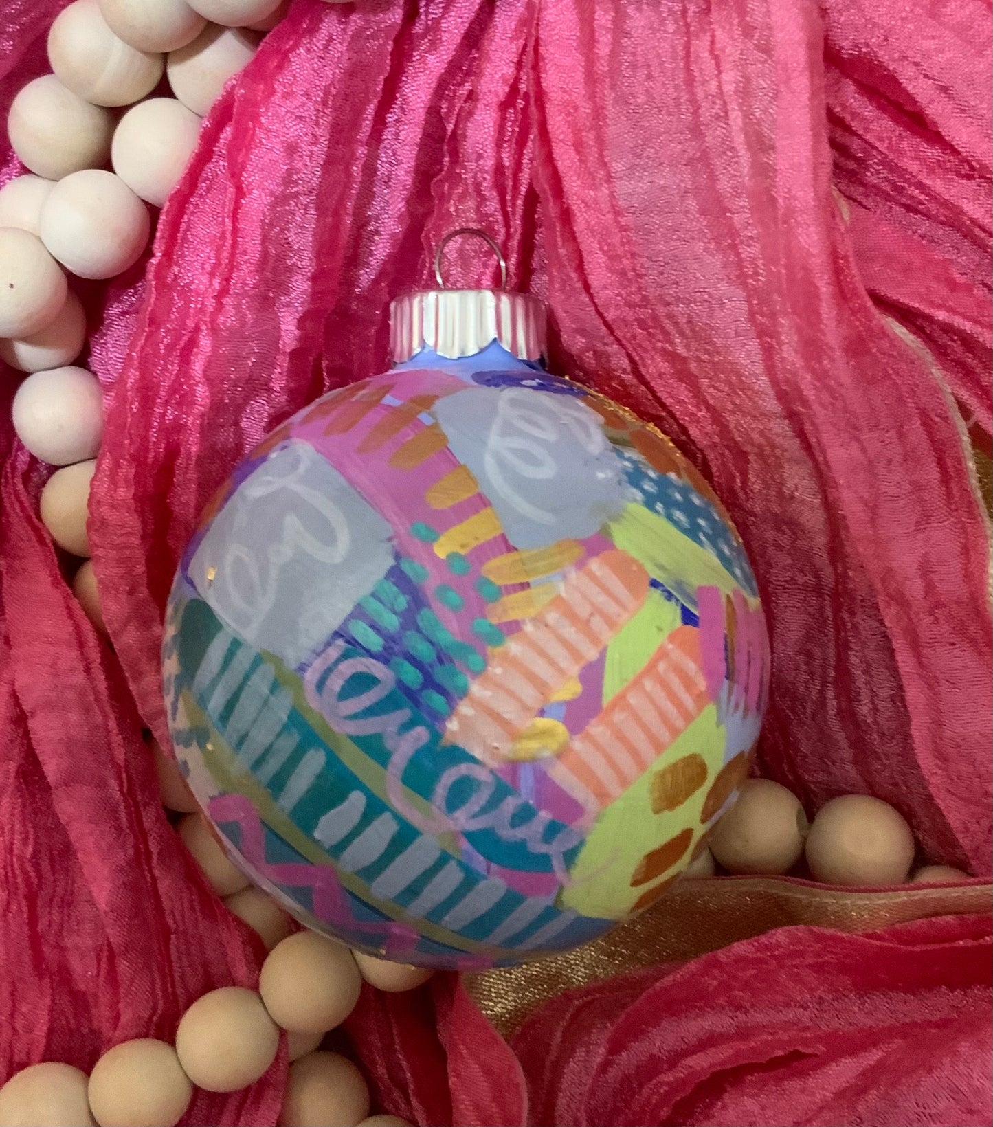 Christmas ornament- Teal, gray, magenta, orange, gold