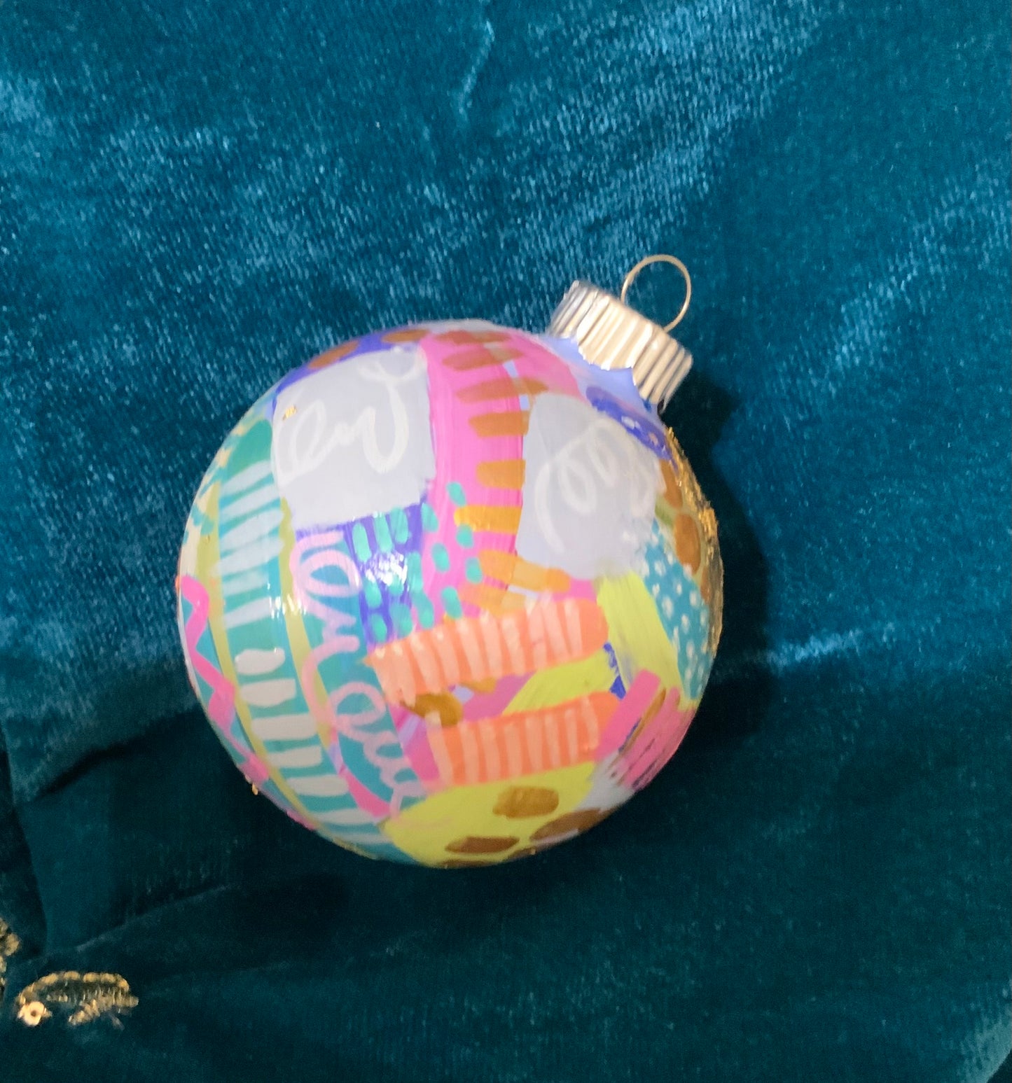 Christmas ornament- Teal, gray, magenta, orange, gold