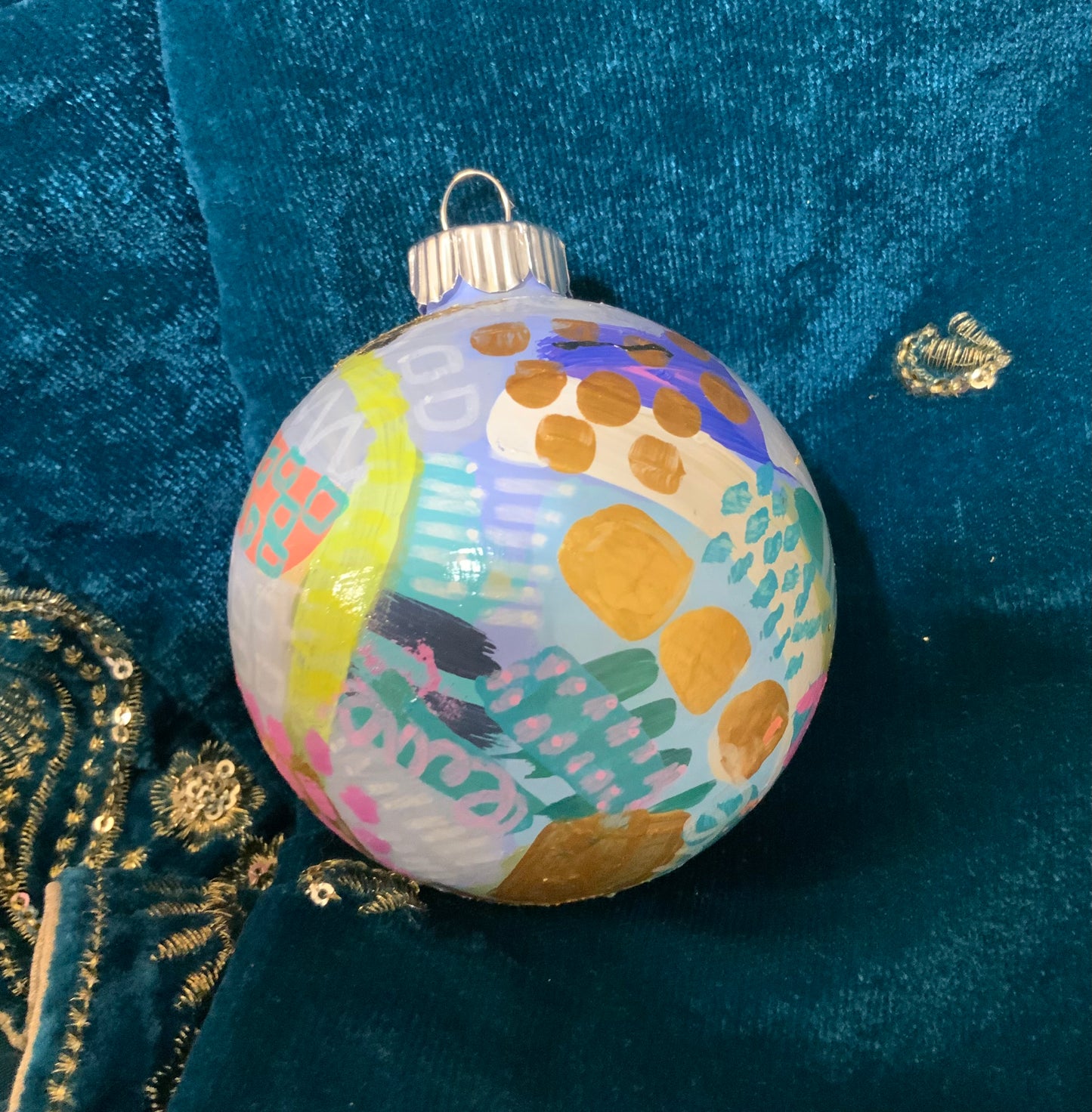 Christmas ornament- Teal, gray, magenta, orange, gold