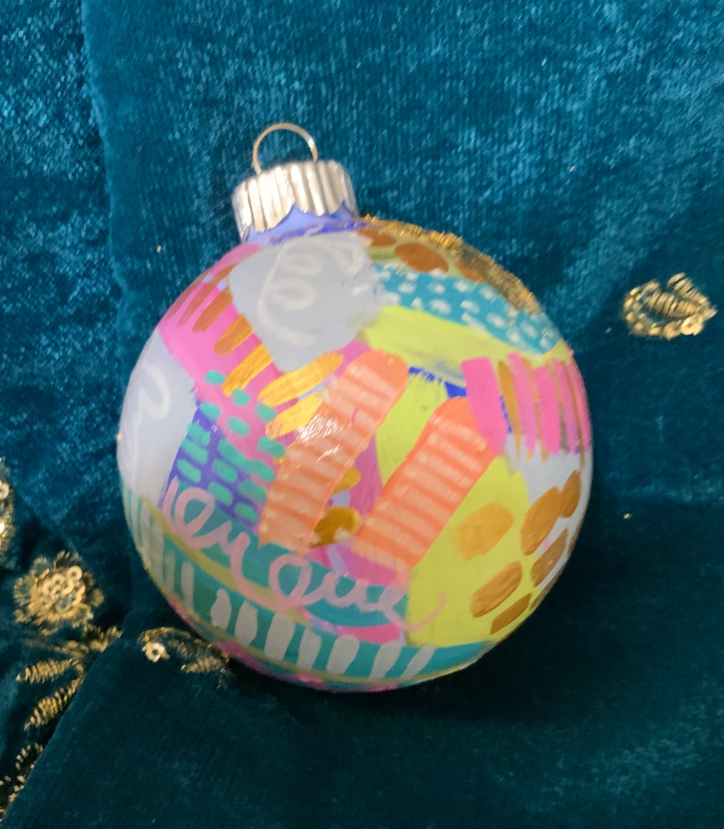 Christmas ornament- Teal, gray, magenta, orange, gold