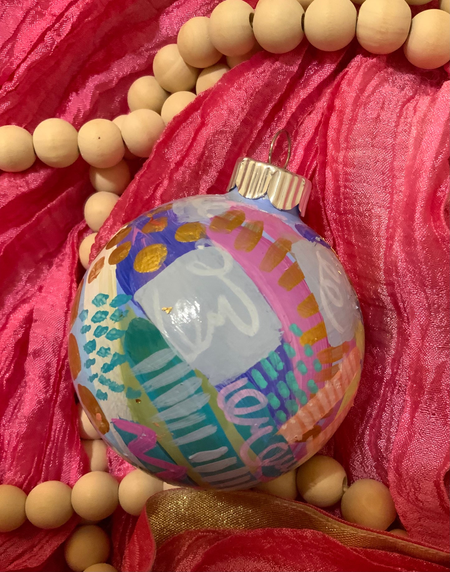 Christmas ornament- Teal, gray, magenta, orange, gold