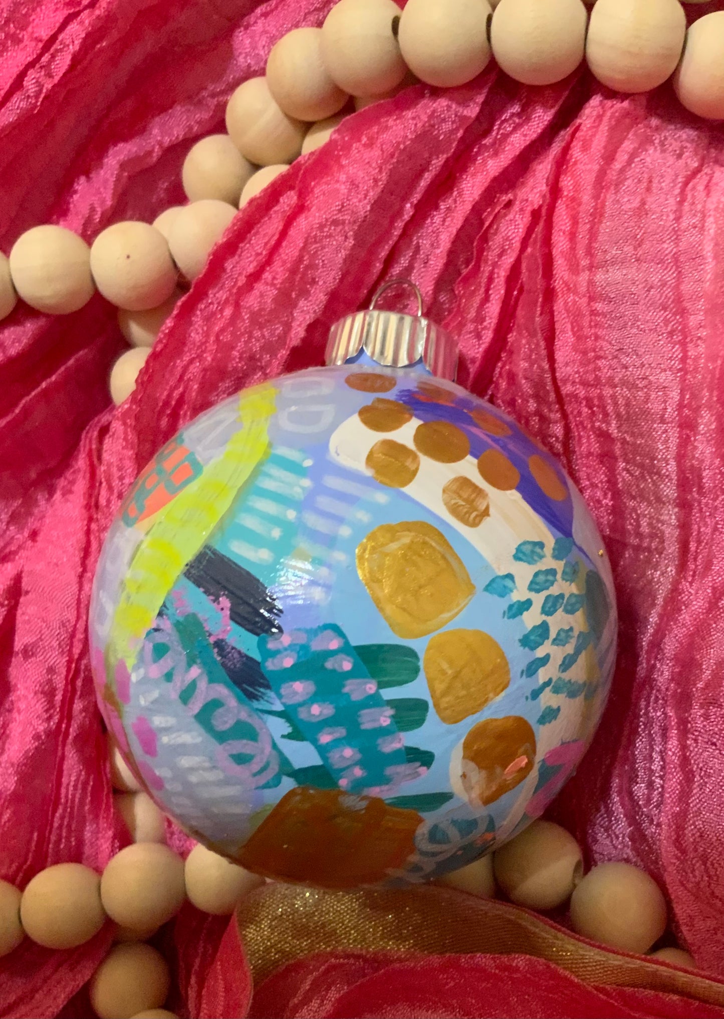 Christmas ornament- Teal, gray, magenta, orange, gold