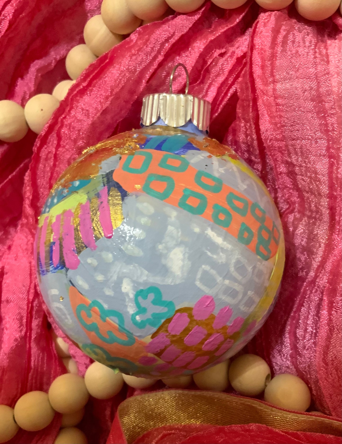Christmas ornament- Teal, gray, magenta, orange, gold