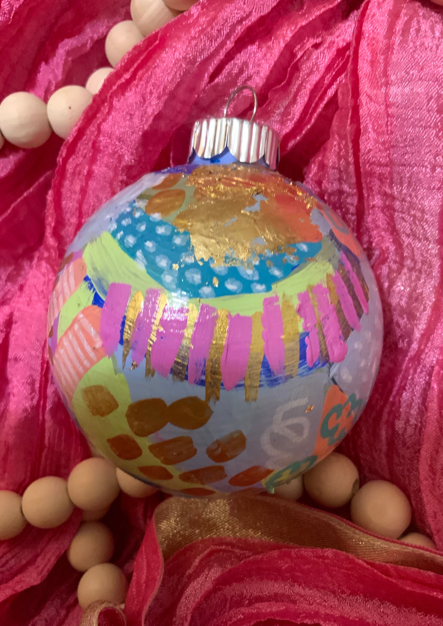 Christmas ornament- Teal, gray, magenta, orange, gold