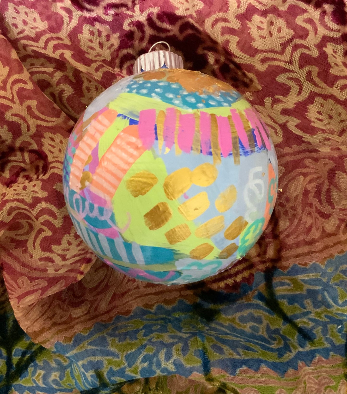 Christmas ornament- Teal, gray, magenta, orange, gold