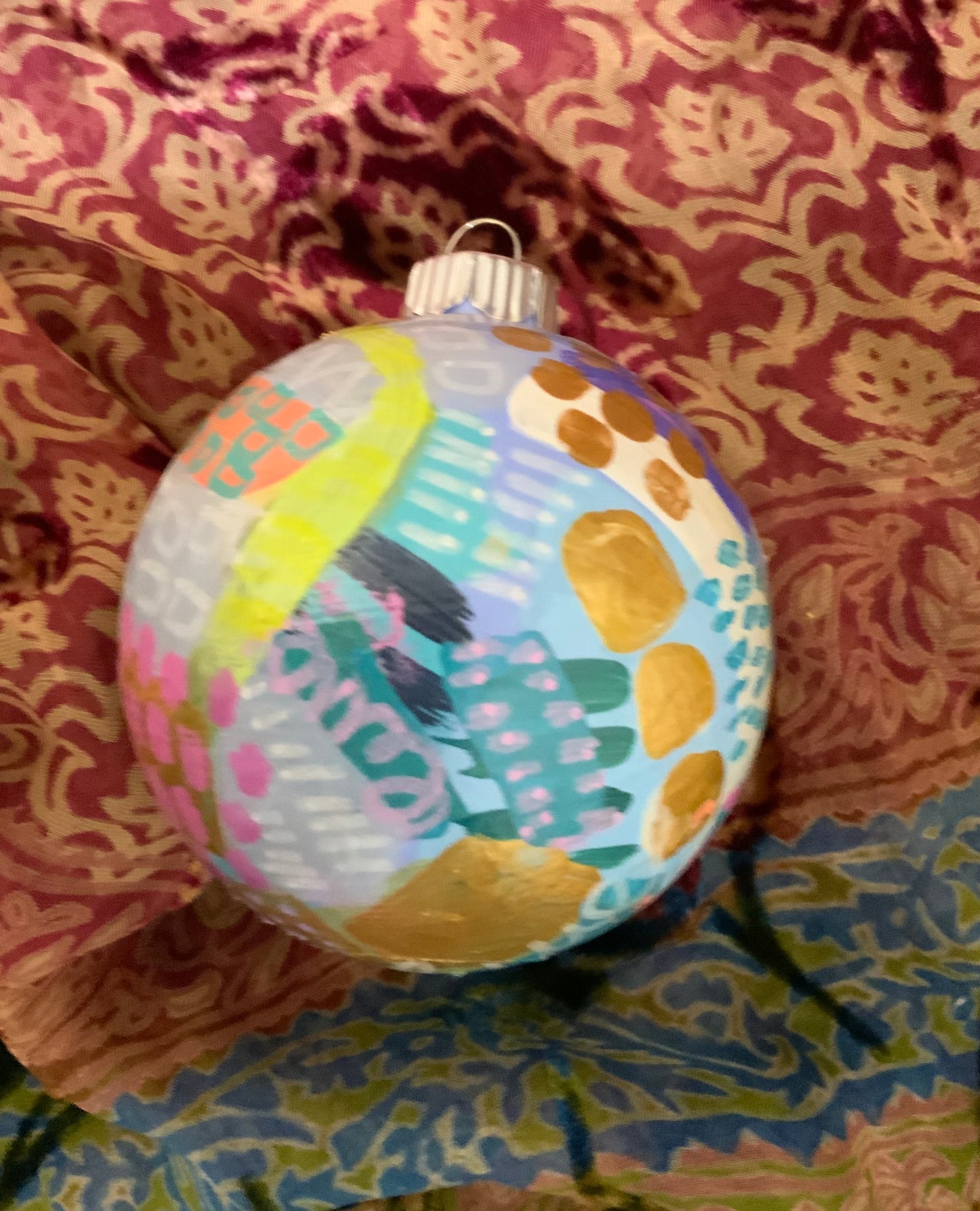 Christmas ornament- Teal, gray, magenta, orange, gold
