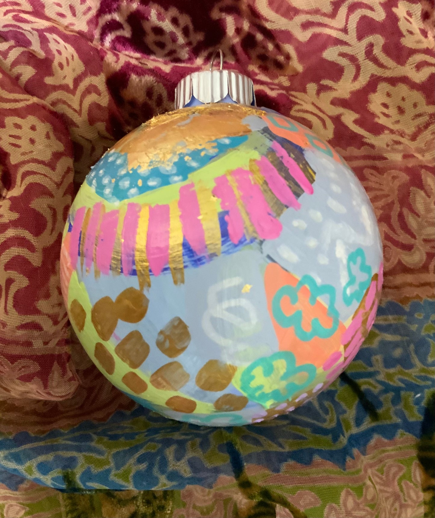 Christmas ornament- Teal, gray, magenta, orange, gold
