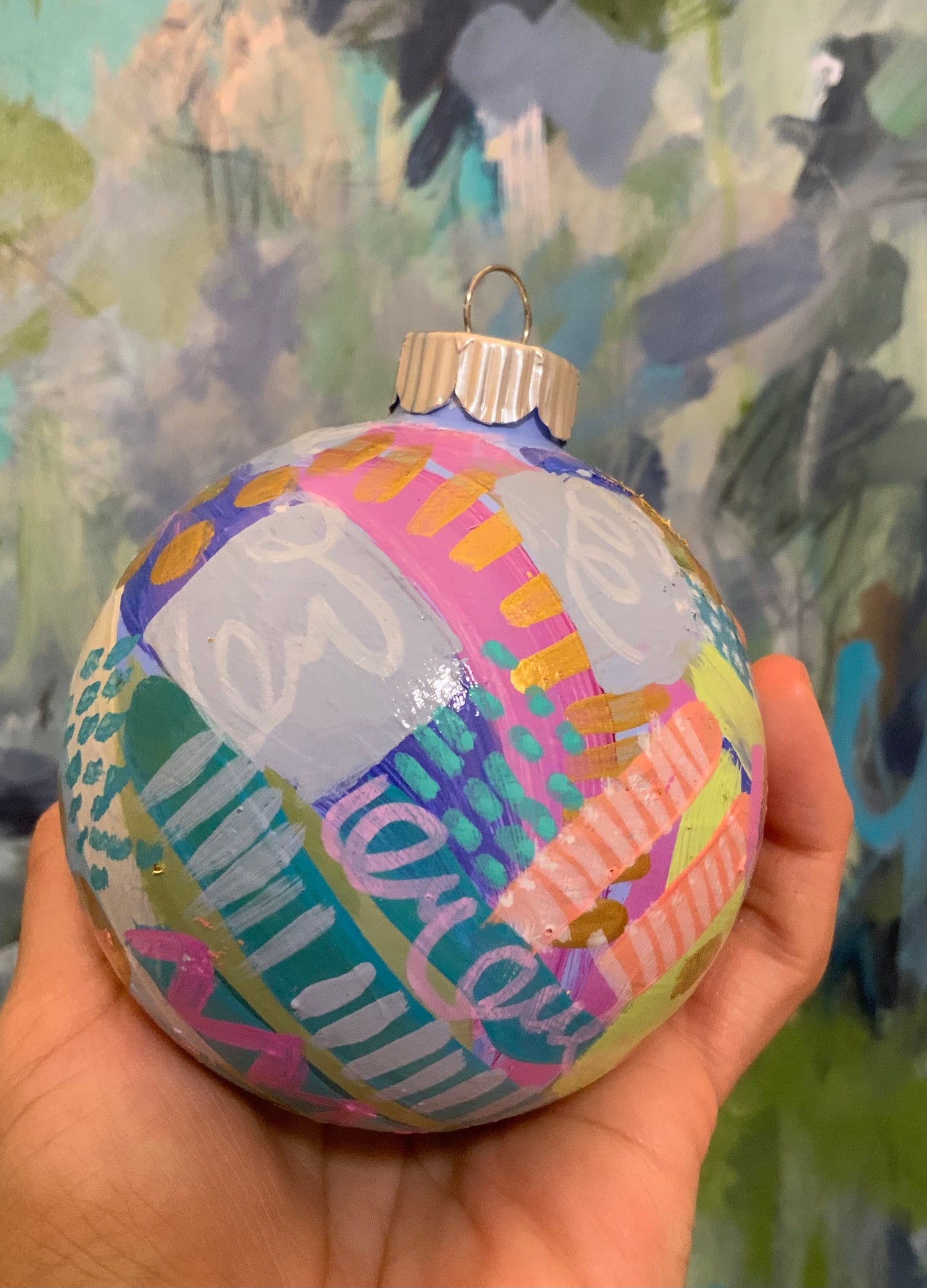 Christmas ornament- Teal, gray, magenta, orange, gold