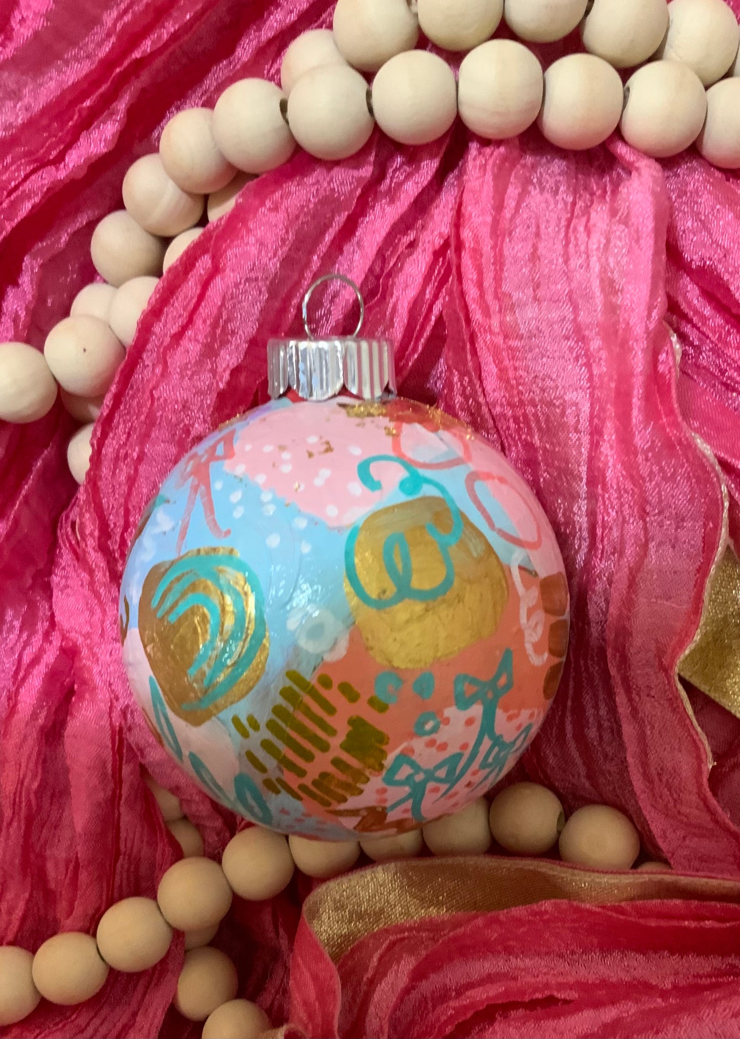 Christmas ornament- Teal, blue, coral, pink, gold