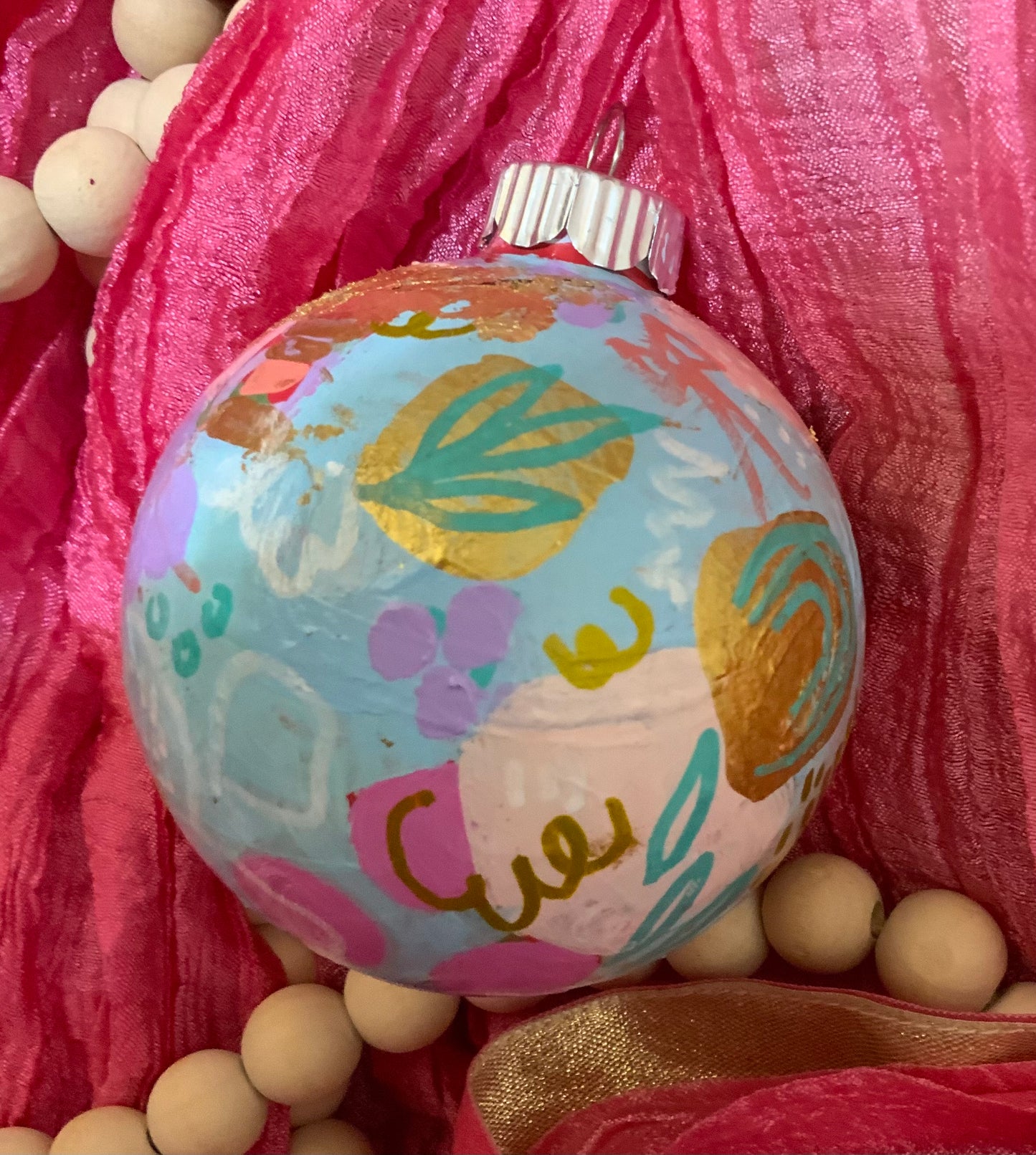 Christmas ornament- Teal, blue, coral, pink, gold