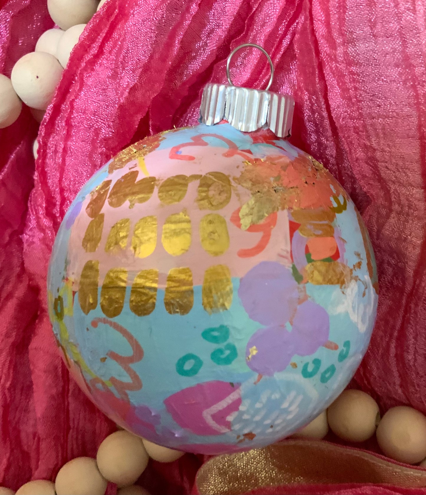 Christmas ornament- Teal, blue, coral, pink, gold