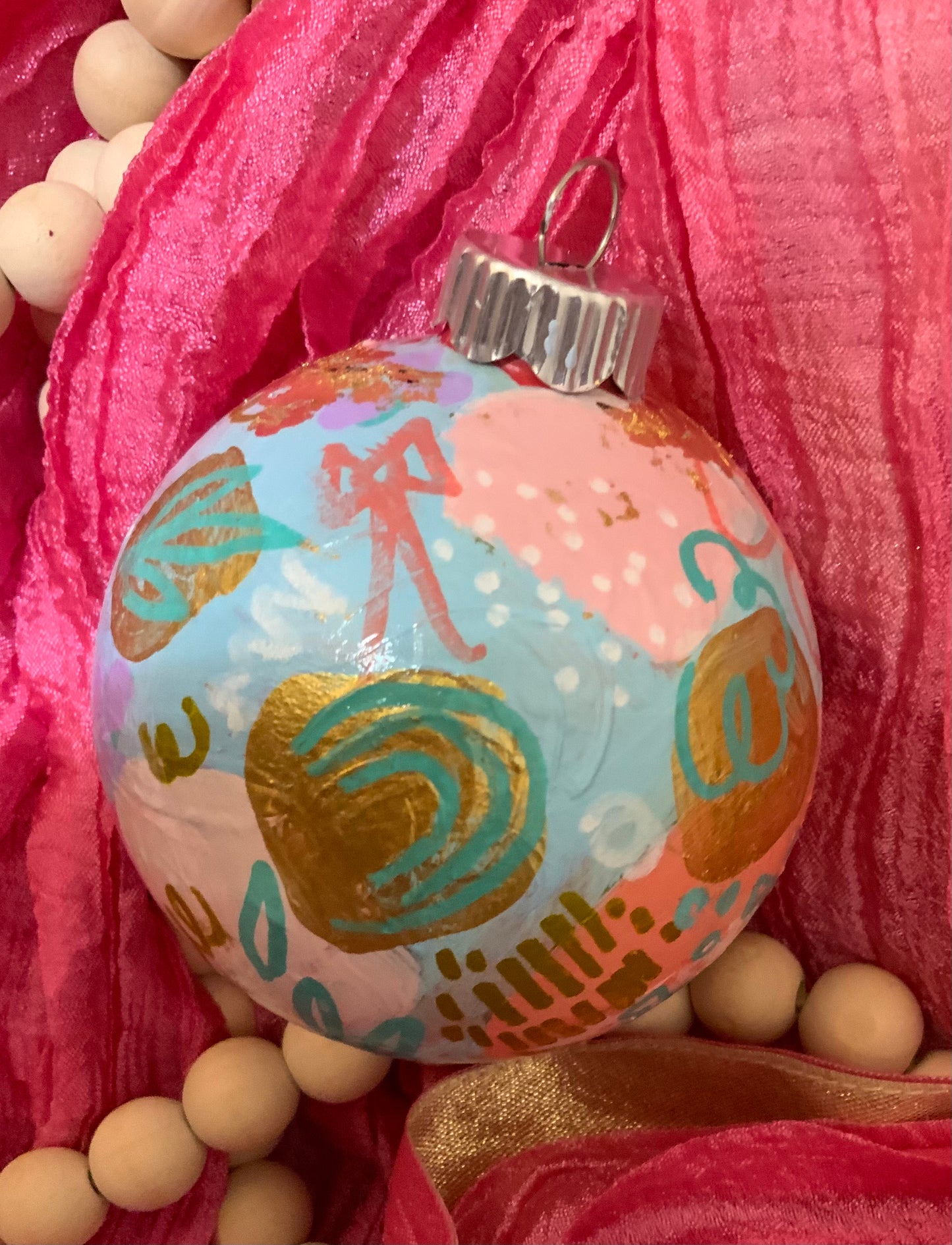Christmas ornament- Teal, blue, coral, pink, gold