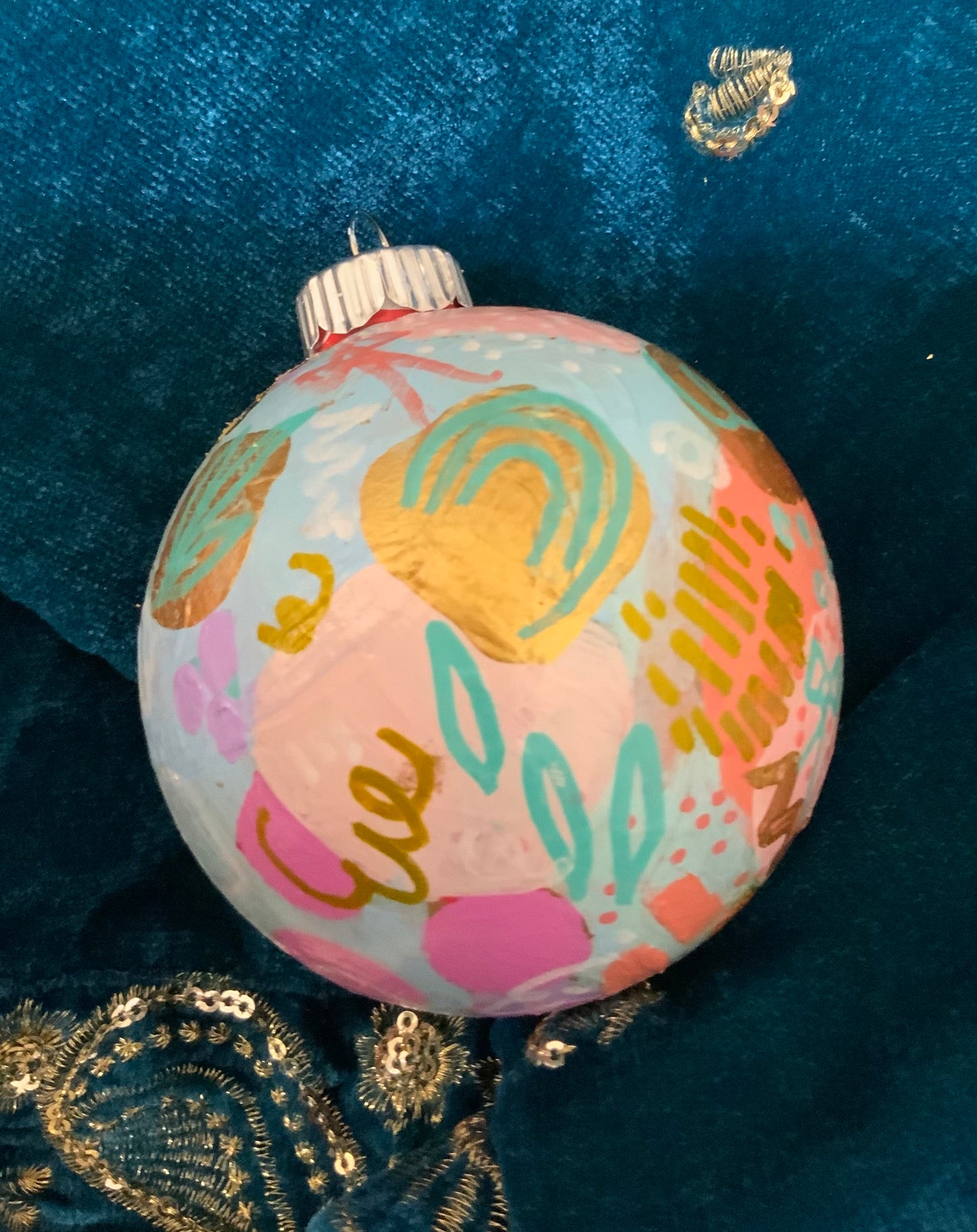 Christmas ornament- Teal, blue, coral, pink, gold