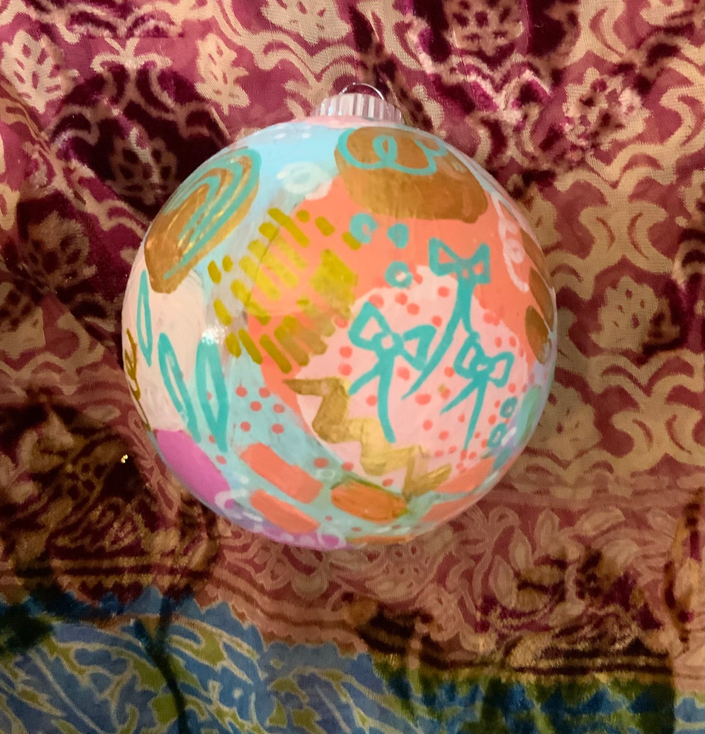 Christmas ornament- Teal, blue, coral, pink, gold