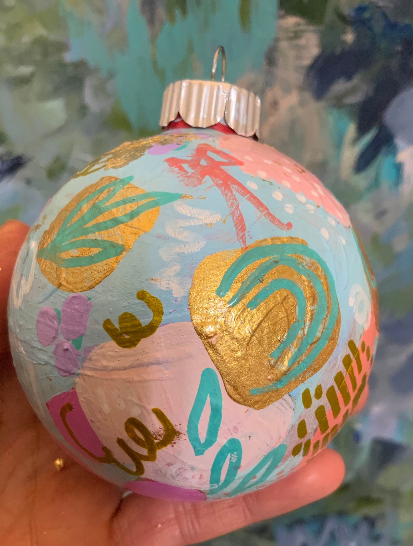 Christmas ornament- Teal, blue, coral, pink, gold