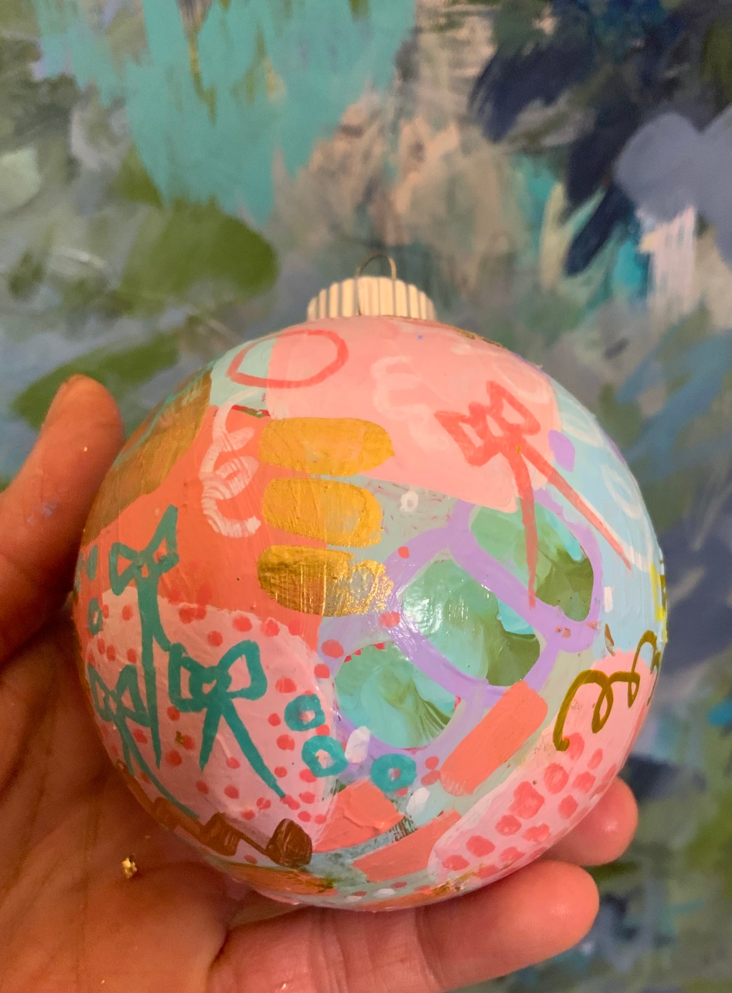 Christmas ornament- Teal, blue, coral, pink, gold