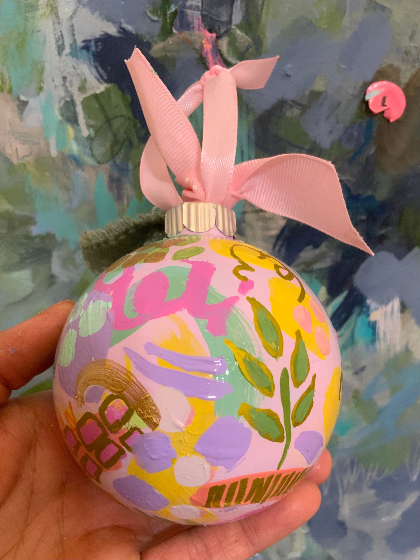 Christmas ornament-pink, yellow, green, gold
