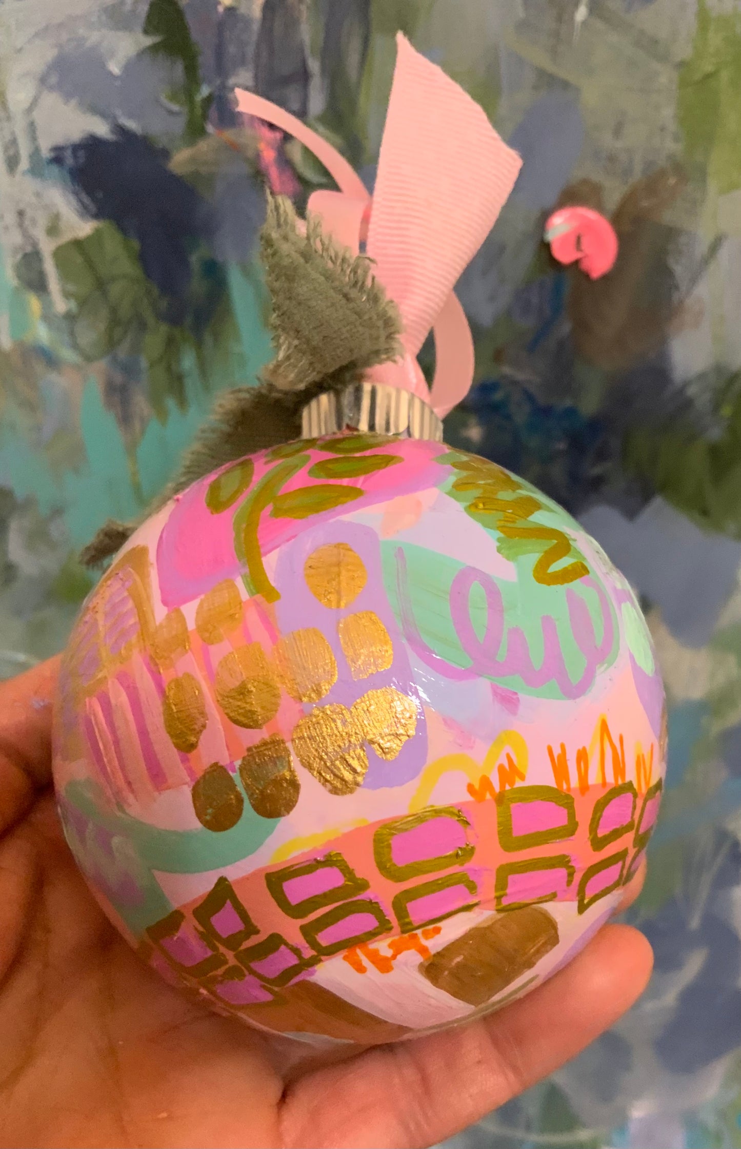Christmas ornament-pink, yellow, green, gold