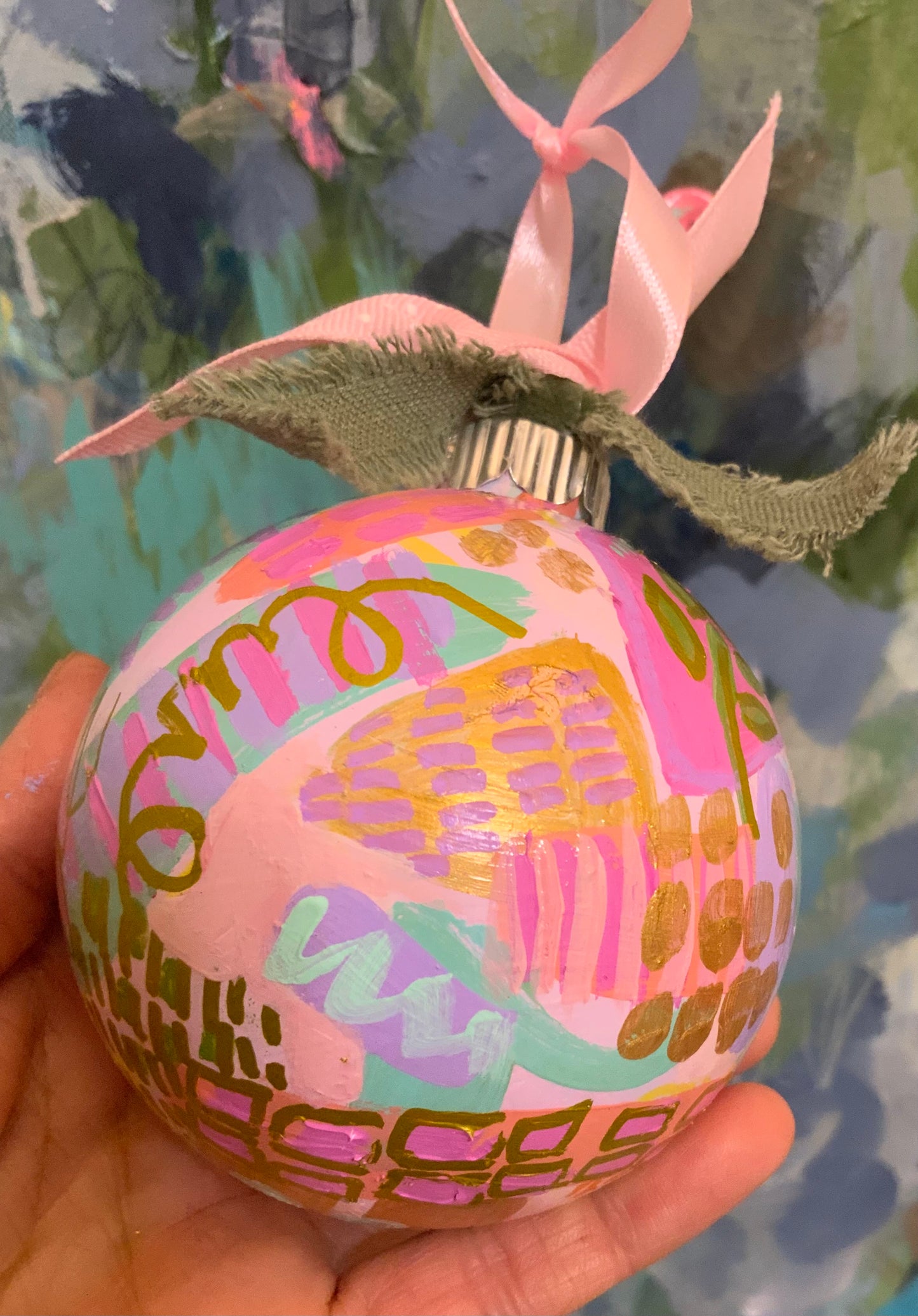 Christmas ornament-pink, yellow, green, gold
