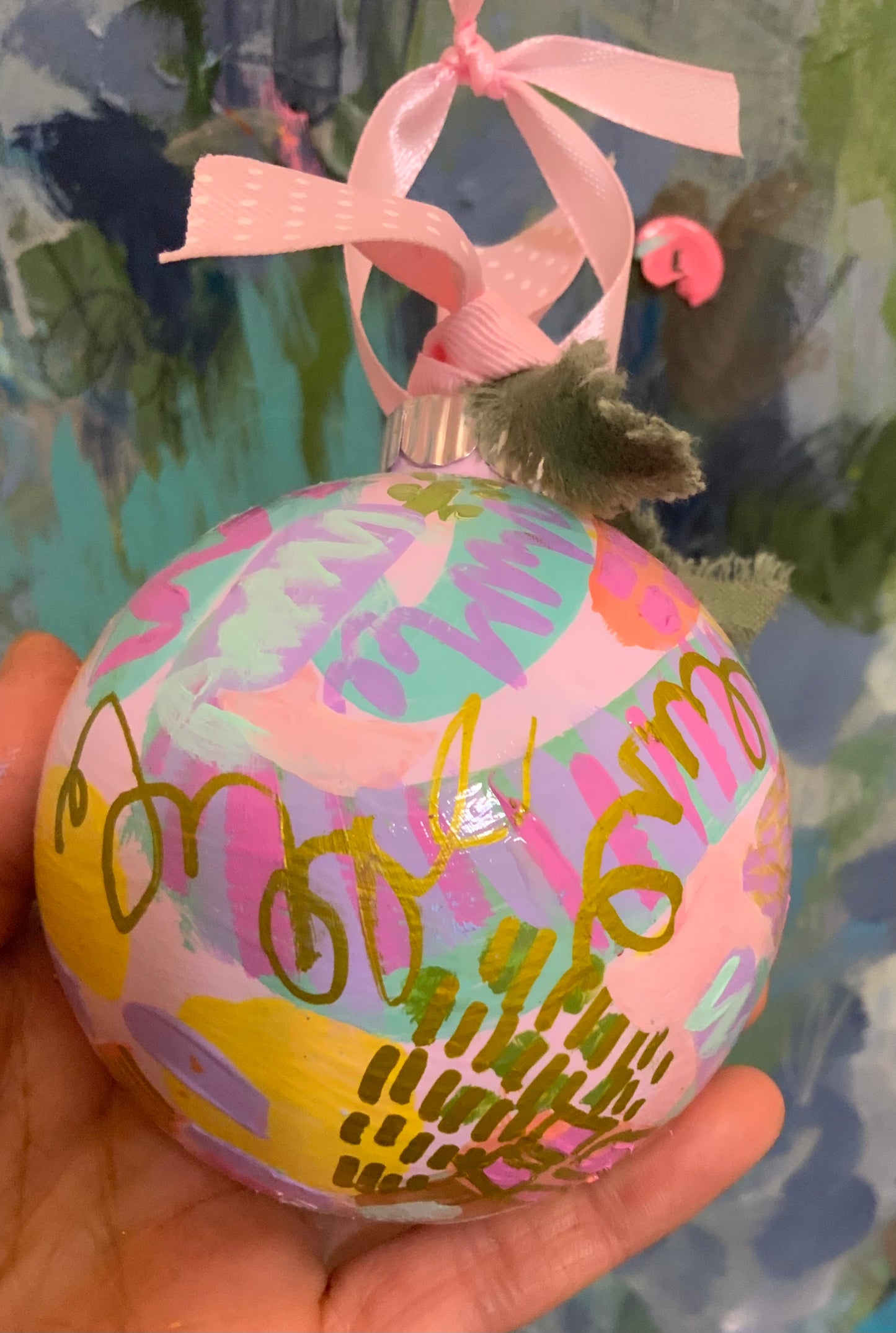 Christmas ornament-pink, yellow, green, gold